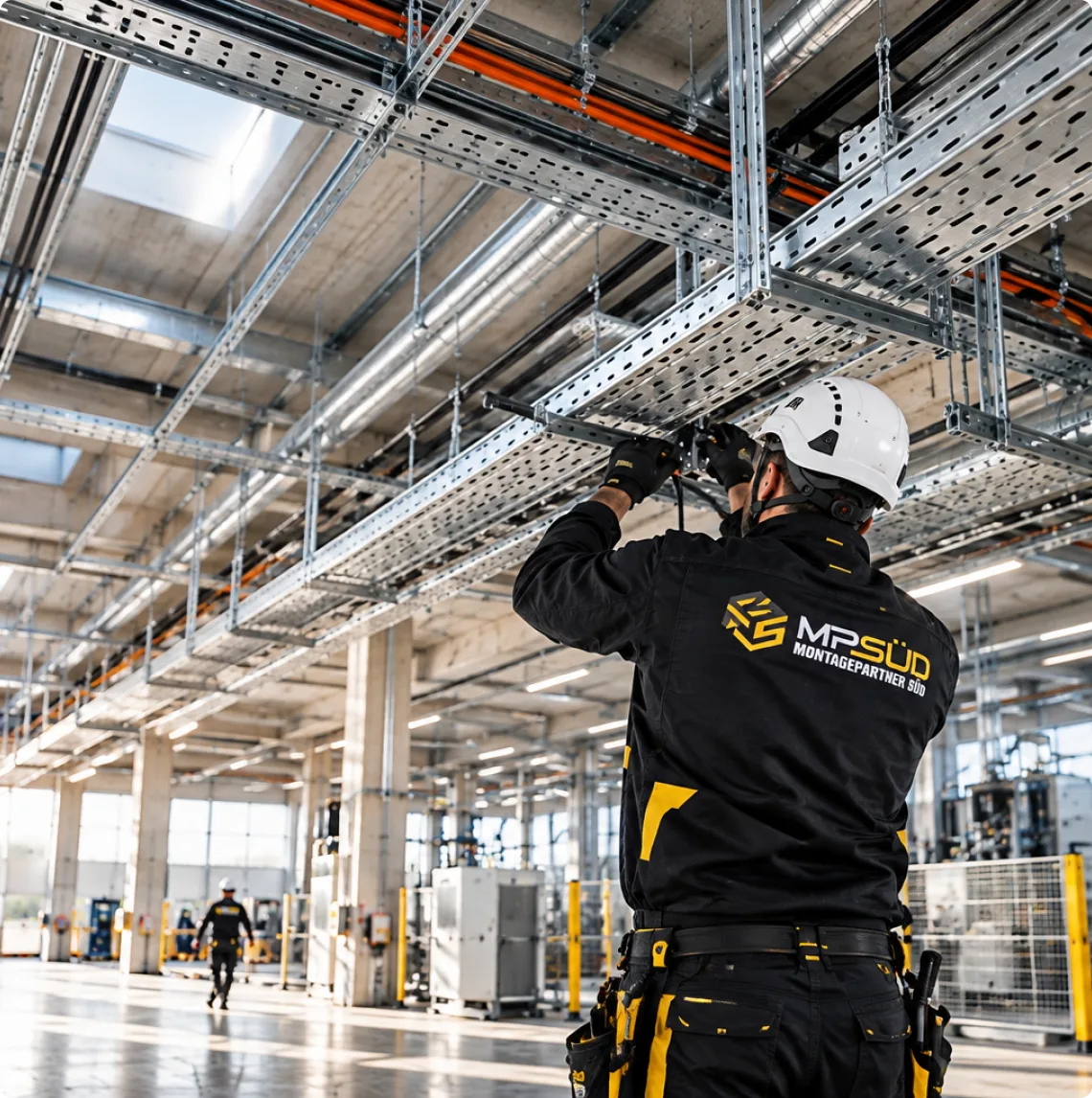 Monteur von Montagepartner SÜD bei der Montage von Kabeltragsystemen in einer Industriehalle