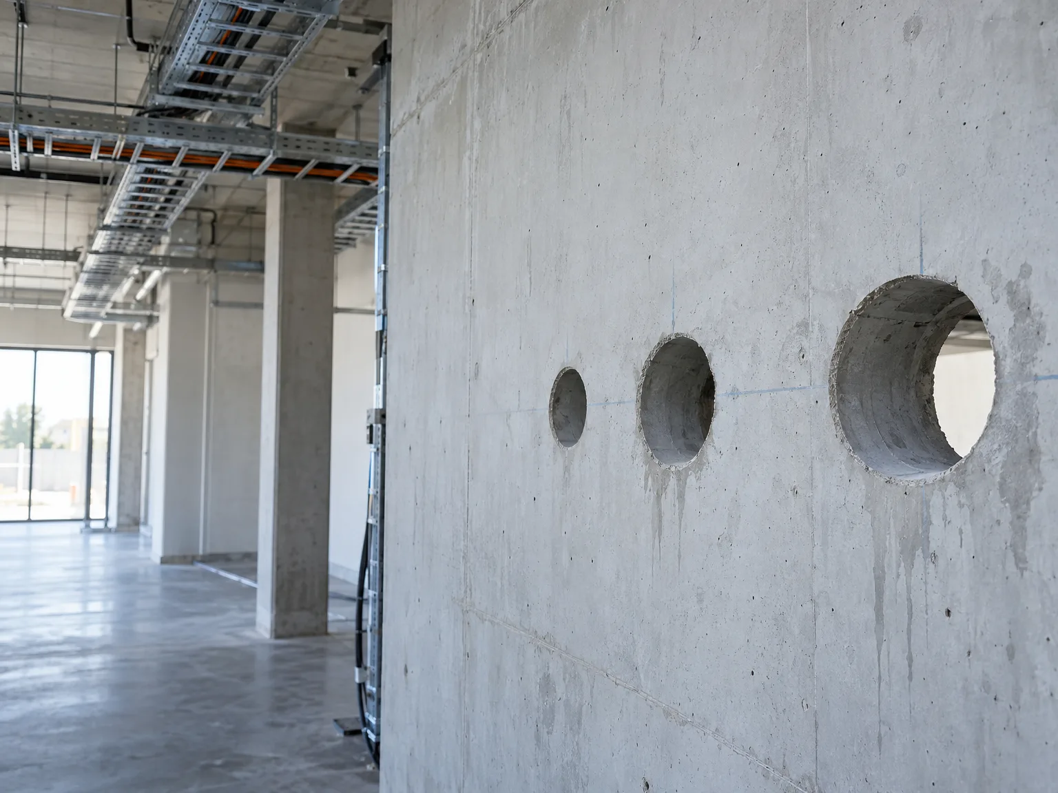 Kernbohrungen in Betonwand einer Industriehalle mit Kabeltragsystem