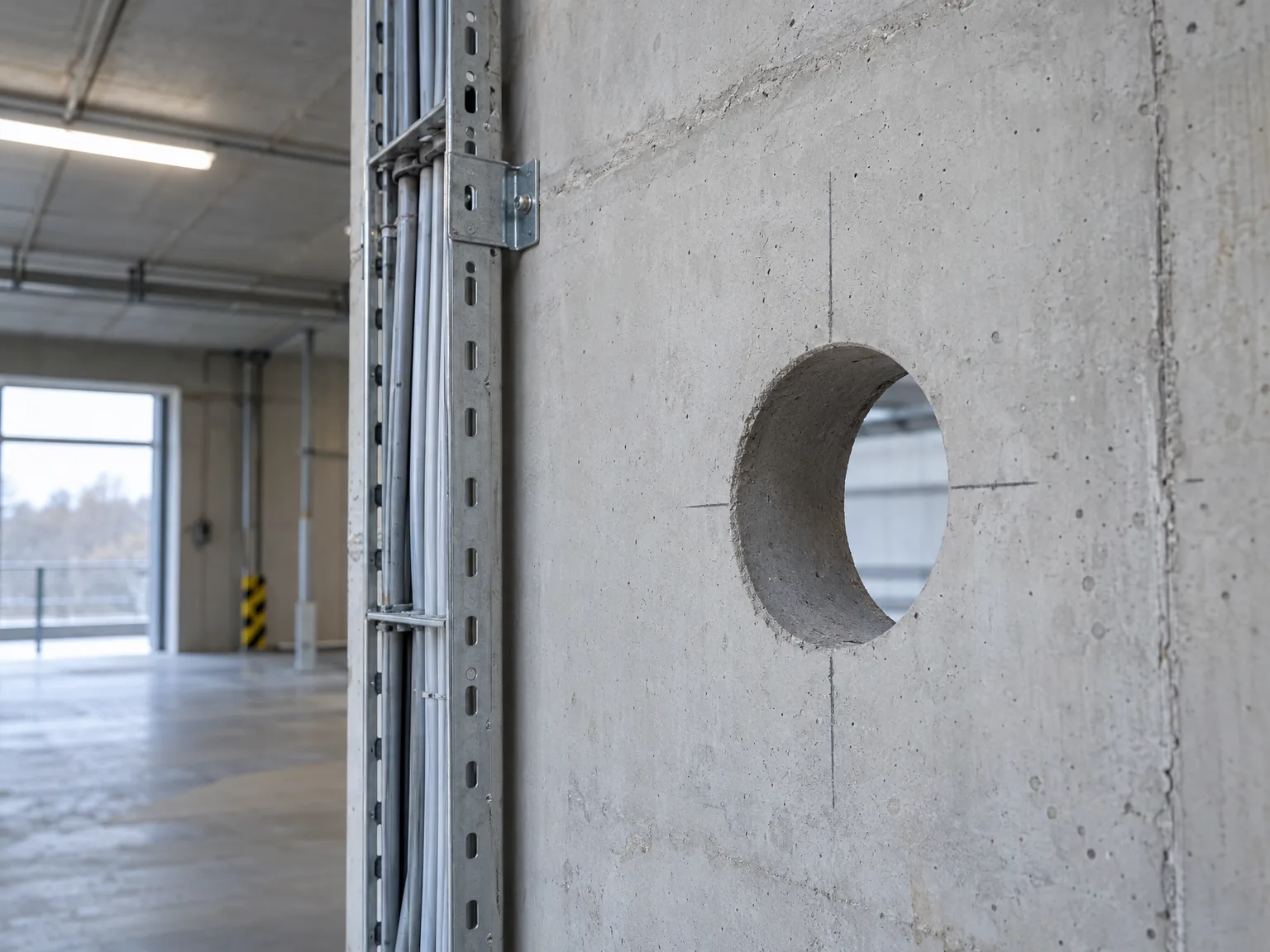 Kernbohrung in Betonwand mit Stahlträgerelementen in Industriehalle