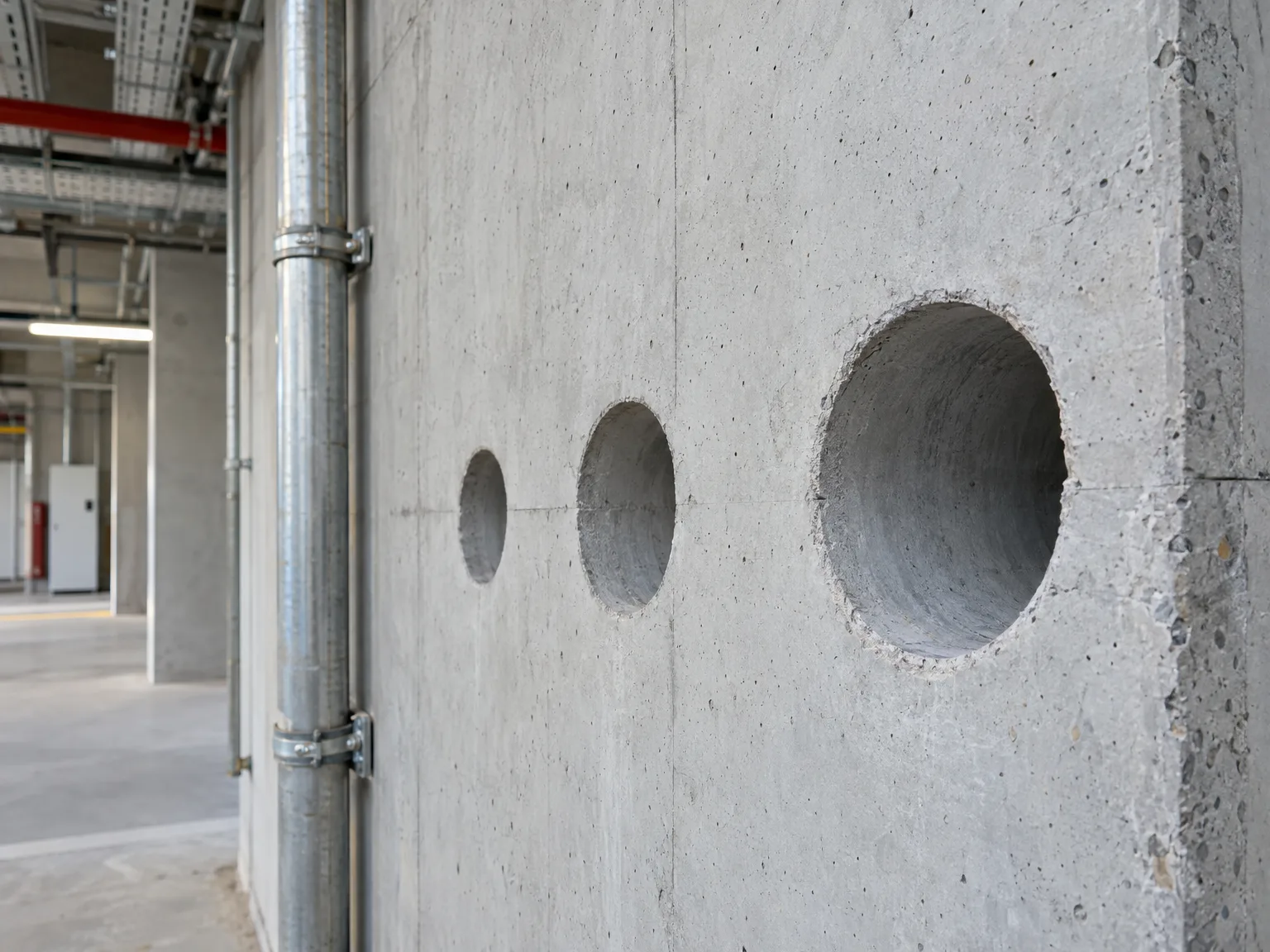Kernbohrungen: drei präzise, sauber ausgeführte Diamantbohrungen in Betonwand