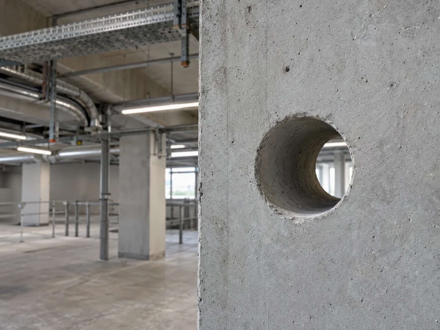 Rundes Kernloch in Betonwand einer Industriehalle mit Kabeltragssystemen und Montagearbeiten
