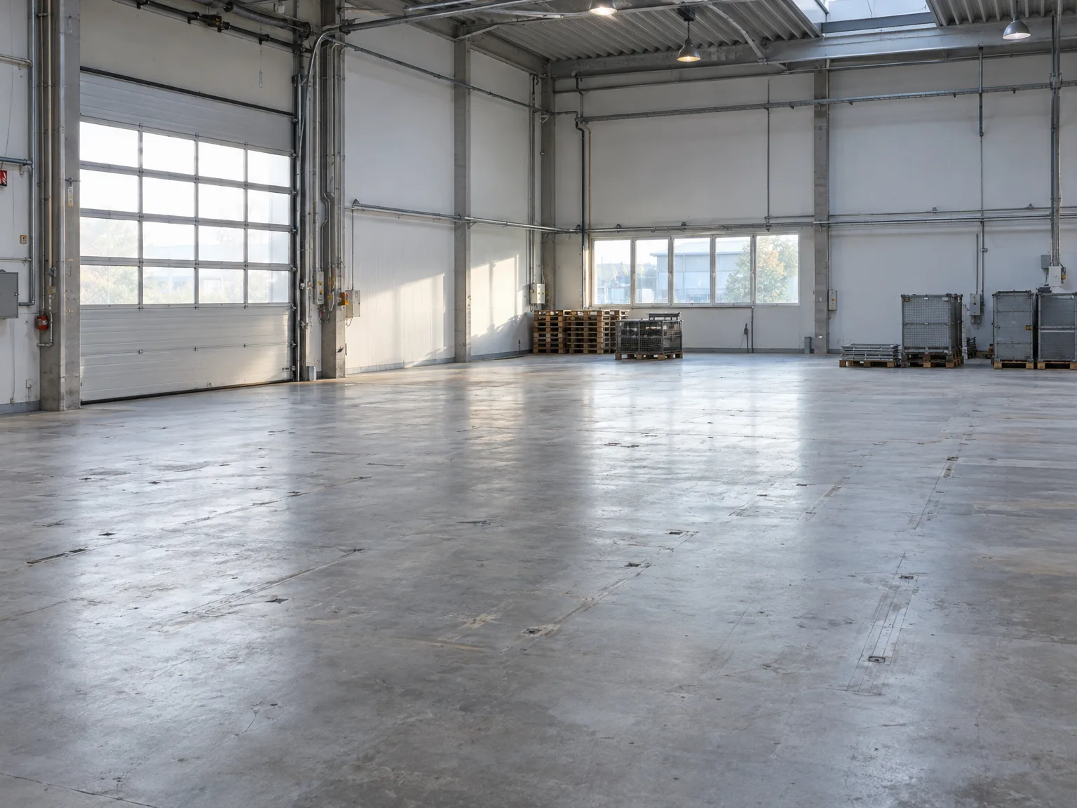 Leere Industriehalle mit Betonboden nach Demontage und Hallenräumung
