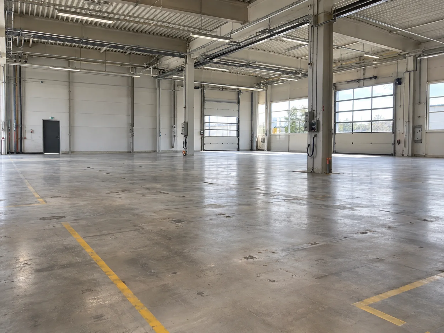 Leere Industriehalle mit Stahlkonstruktion, Betonbodenfläche und gekennzeichneten Markierungen