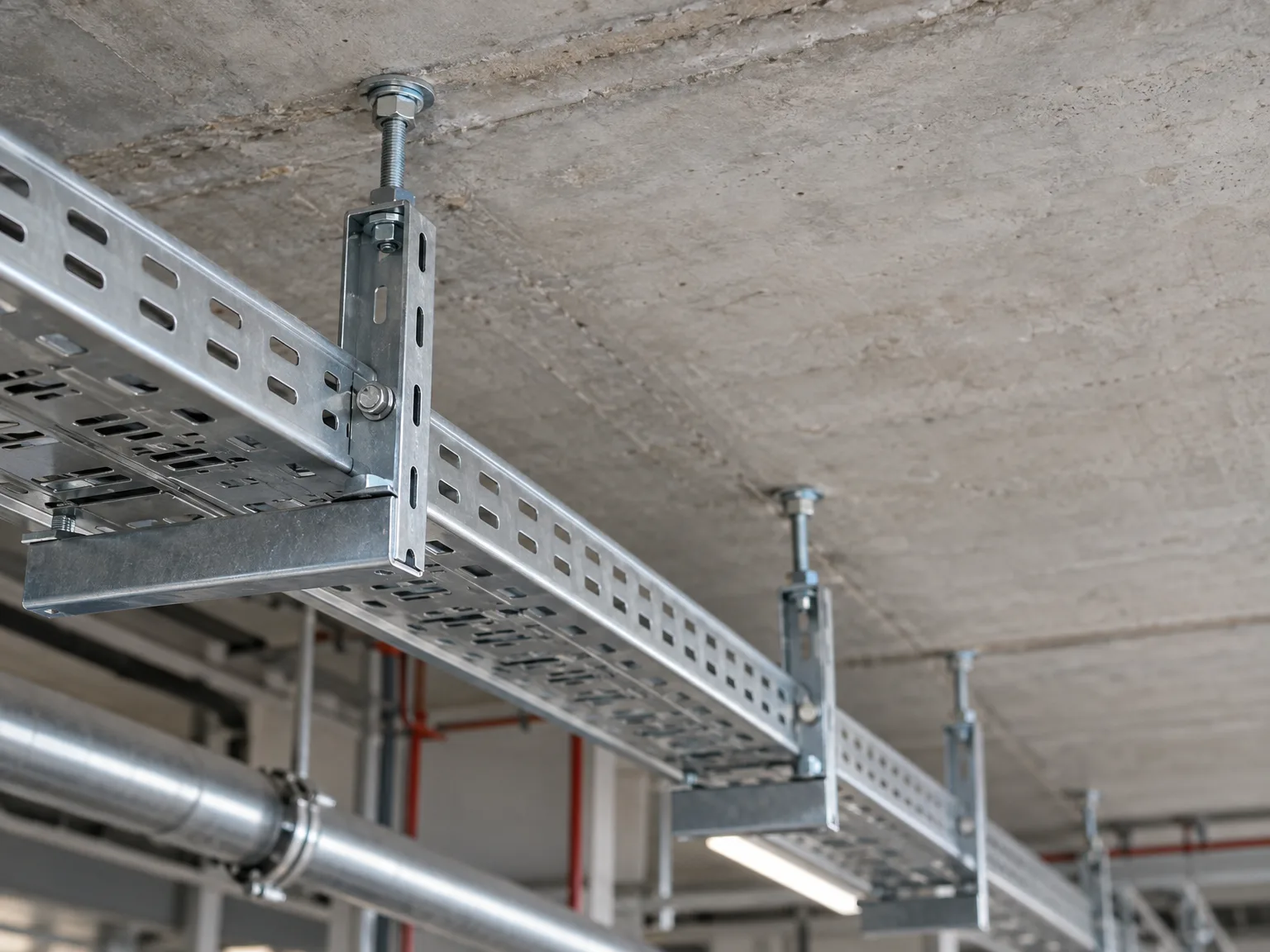 Montage einer Gitterrinne mit Stahlhaltern und Gewindestiften an Betonsdecke