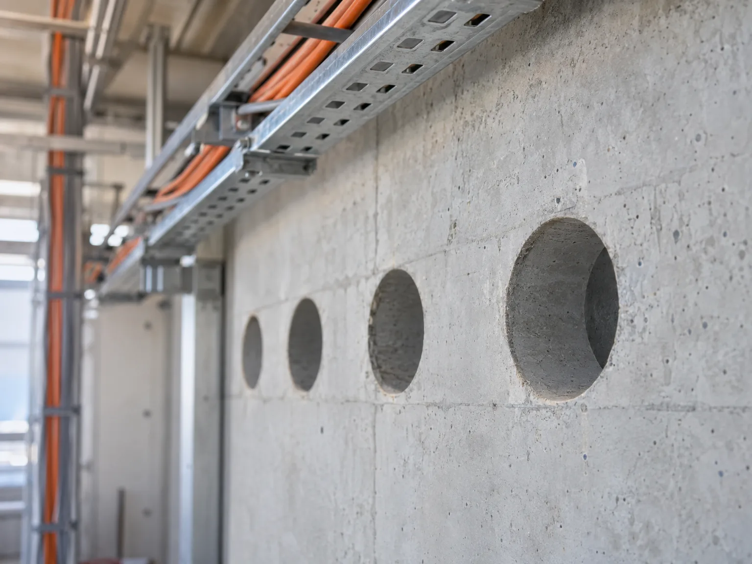 Betonwand mit vier Kernbohrungen für Kabeltrasse in Industriehalle