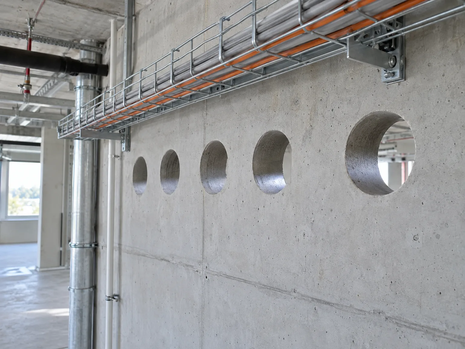 Kernbohrungen in Betonwand mit Öffnungen für Kabelverlegung und Rohrleitungen in Industriehalle
