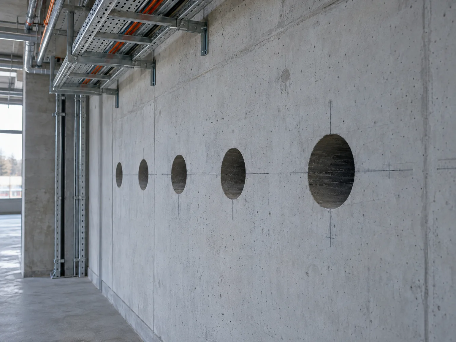 Kernbohrungen: Mehrere oval gebohrte Bohrlöcher in Betonwand mit Messlinie