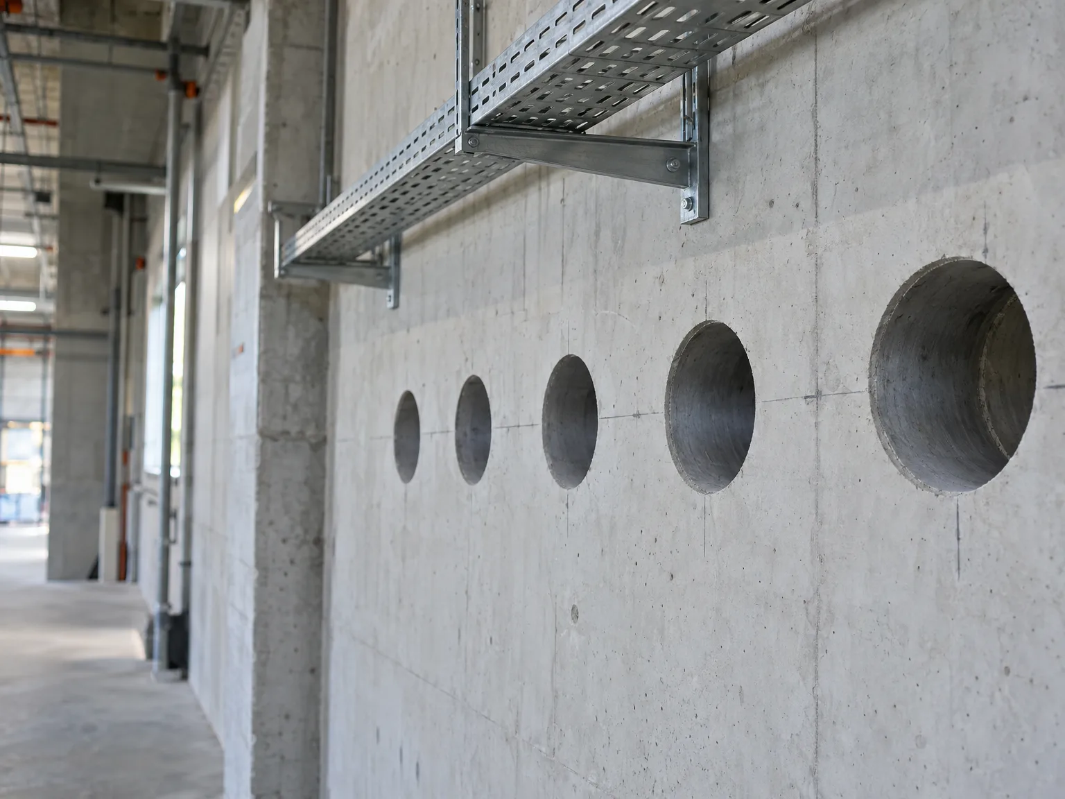 Kernbohrungen in Betonwand mit montierter Kabeltrasse in Industriehalle