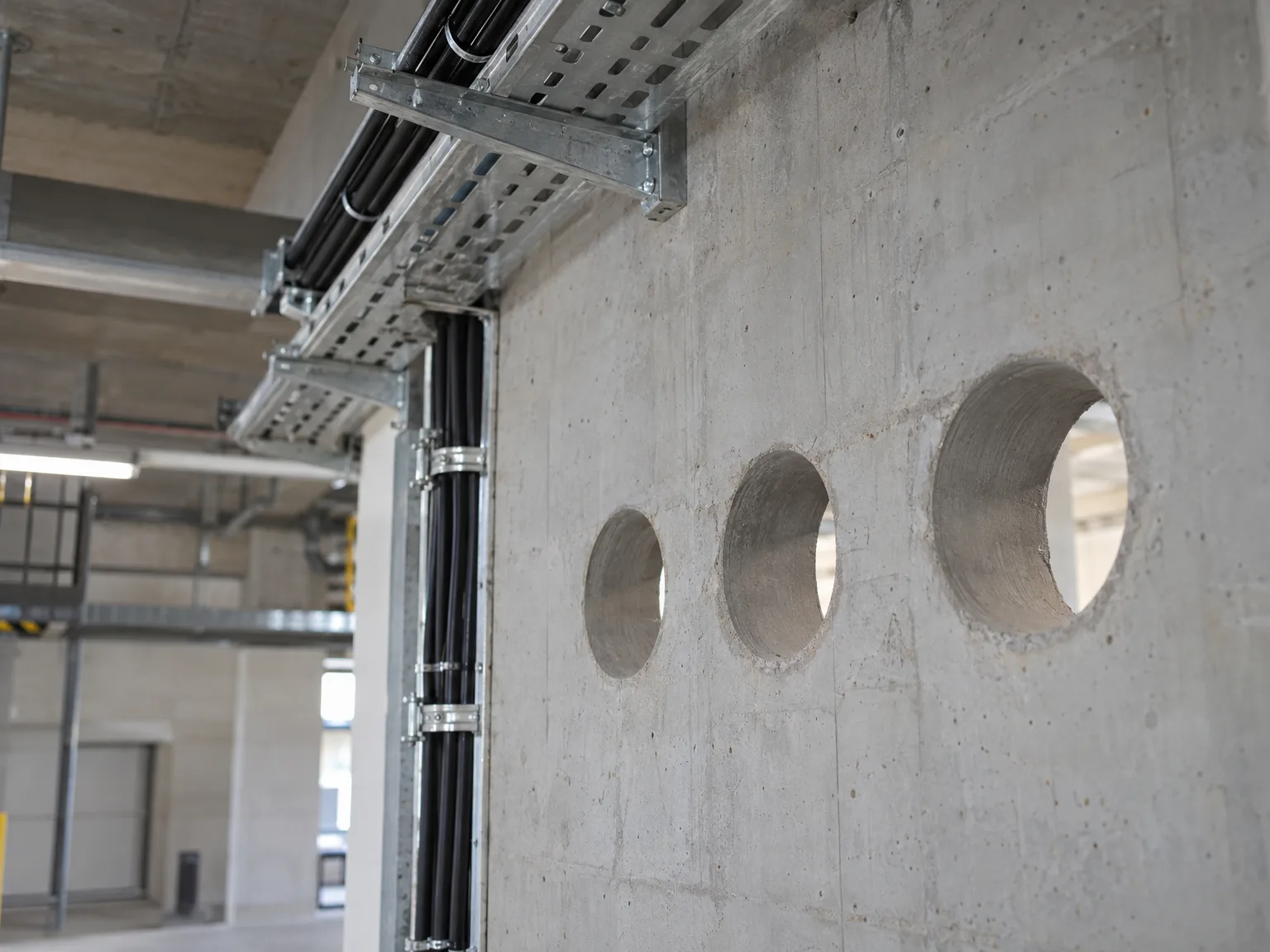 Betonwand mit drei Kernbohrungen und montiertem Kabeltrass mit schwarzen Kabeln in Industriehalle