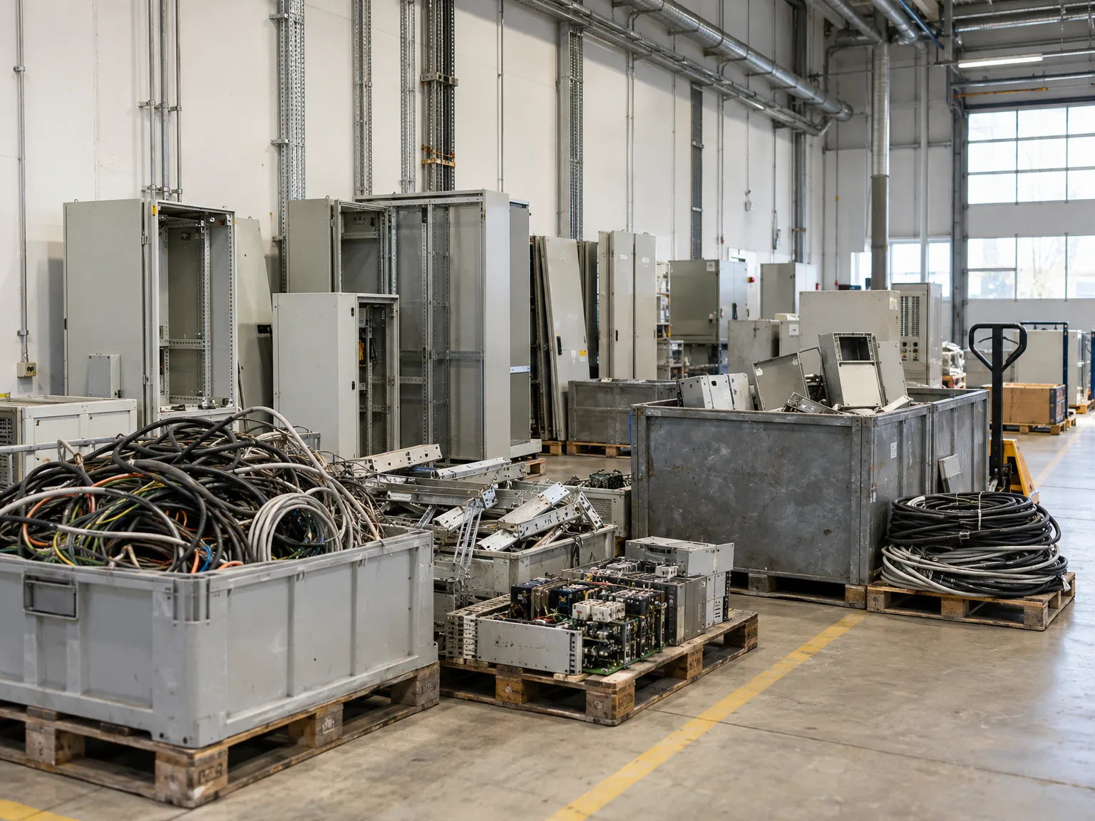 Hallenräumung: Sammelcontainer mit Elektroschrott, Kabelschrott und Metallschrott zur Entsorgung
