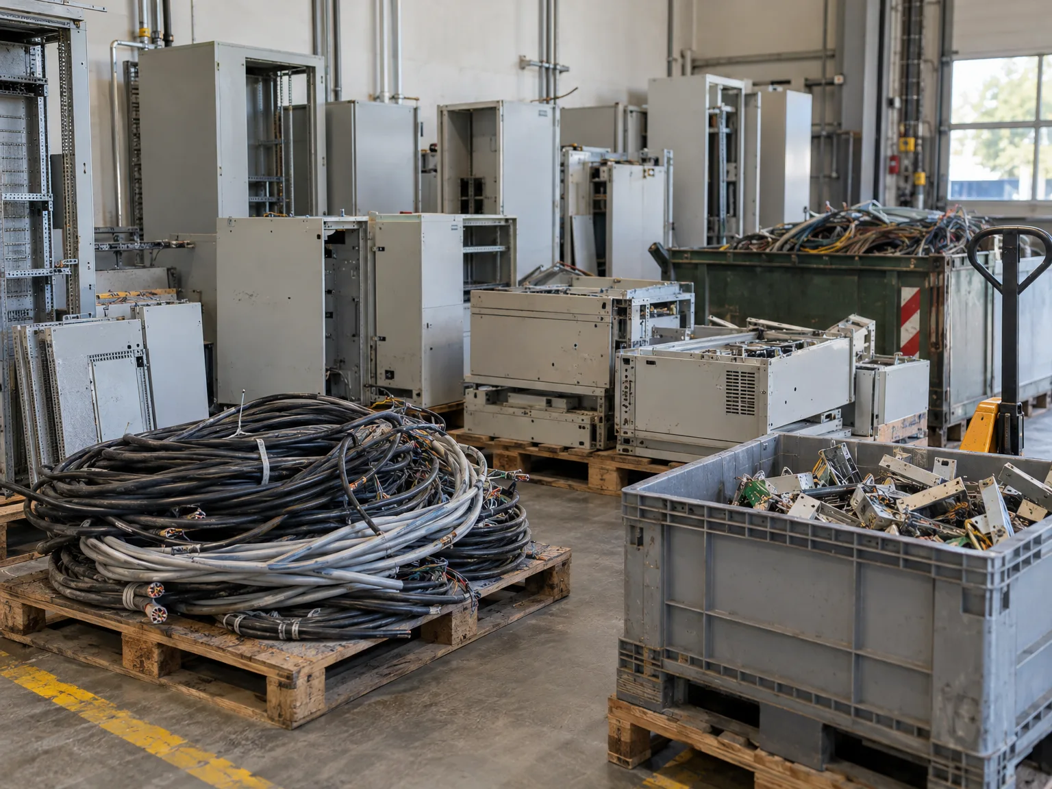 Demontierte Kabel auf Paletten und sortierter Elektroschrott in Behältern während Kabelrückbau und Hallenräumung