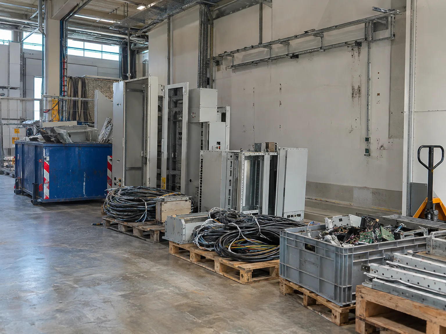 Industriedemontage mit Elektroschrott und Kabeln auf Paletten in einer Fabrikhalle