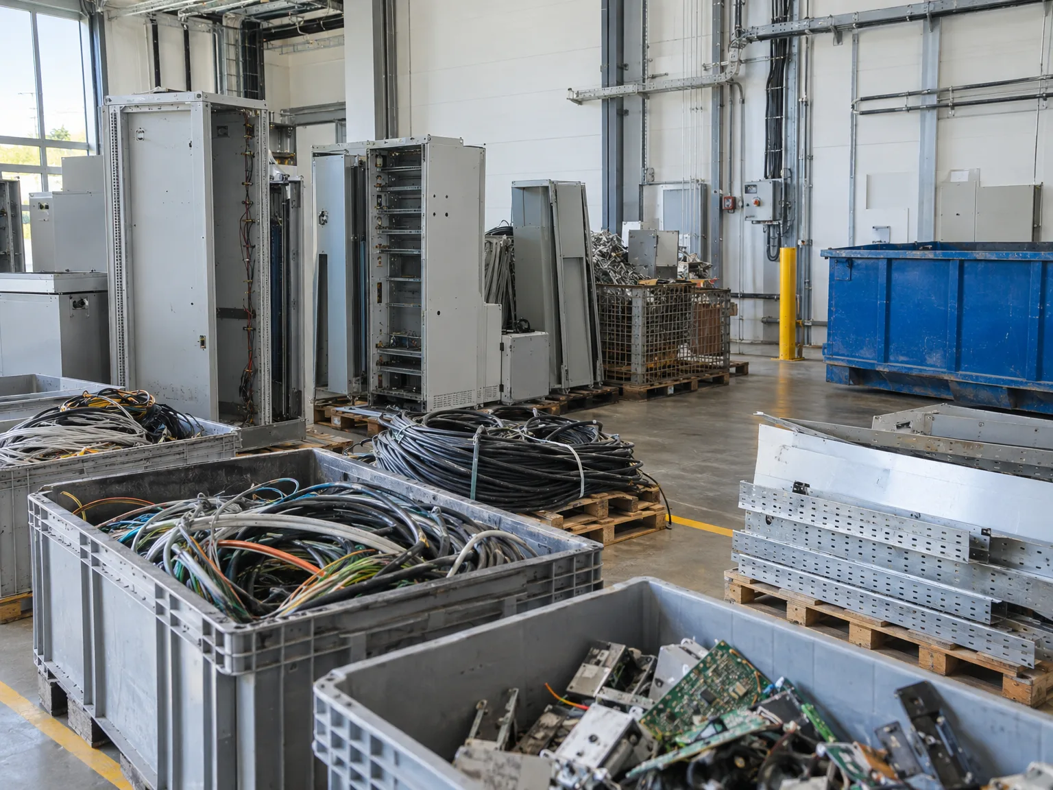 Demontierte Kabel und Elektronikschrott in Behältern bei Industriedemontage und Entsorgung