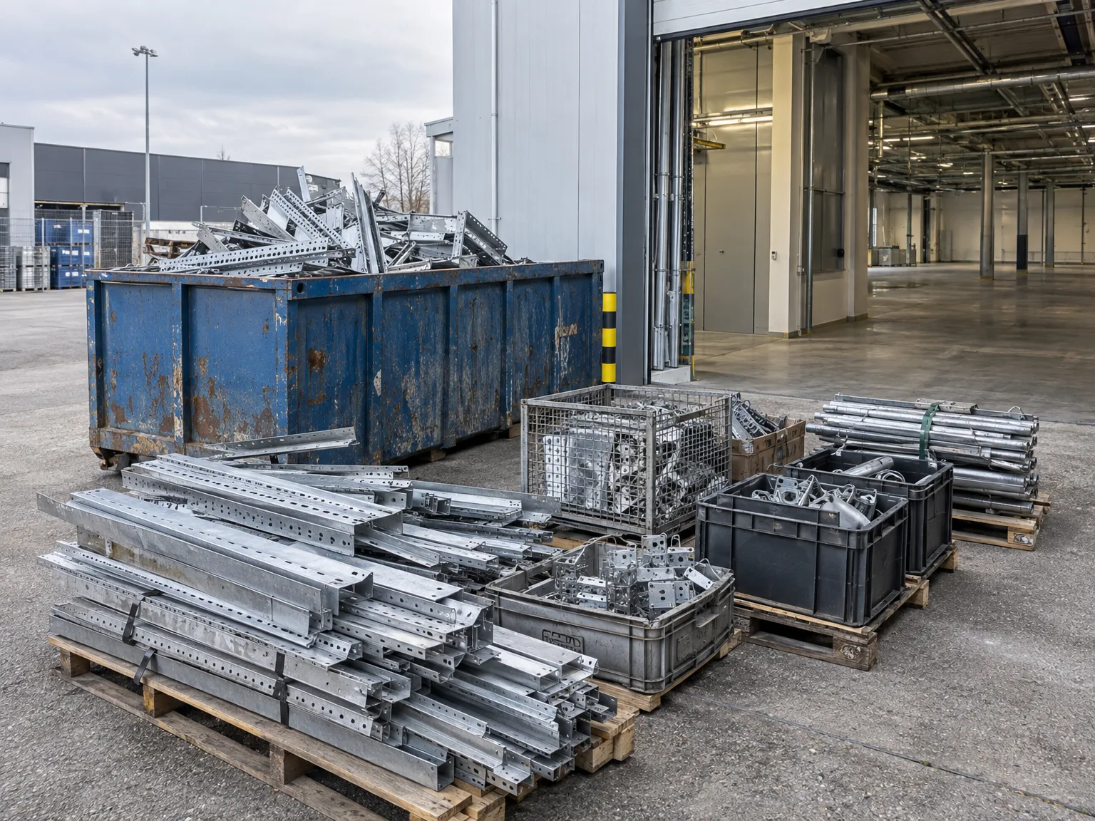 Metallische Gitterrinnen und Kabelrinnen auf Paletten in einer Lagerhalle