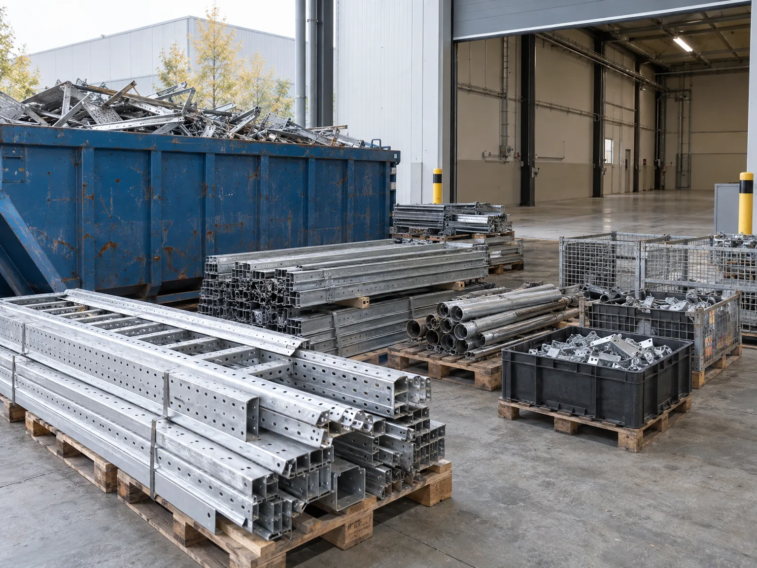 Rückgebaute Kabeltrassen und Rohre, sortiert auf Paletten zur Verschrottung in Industriehalle