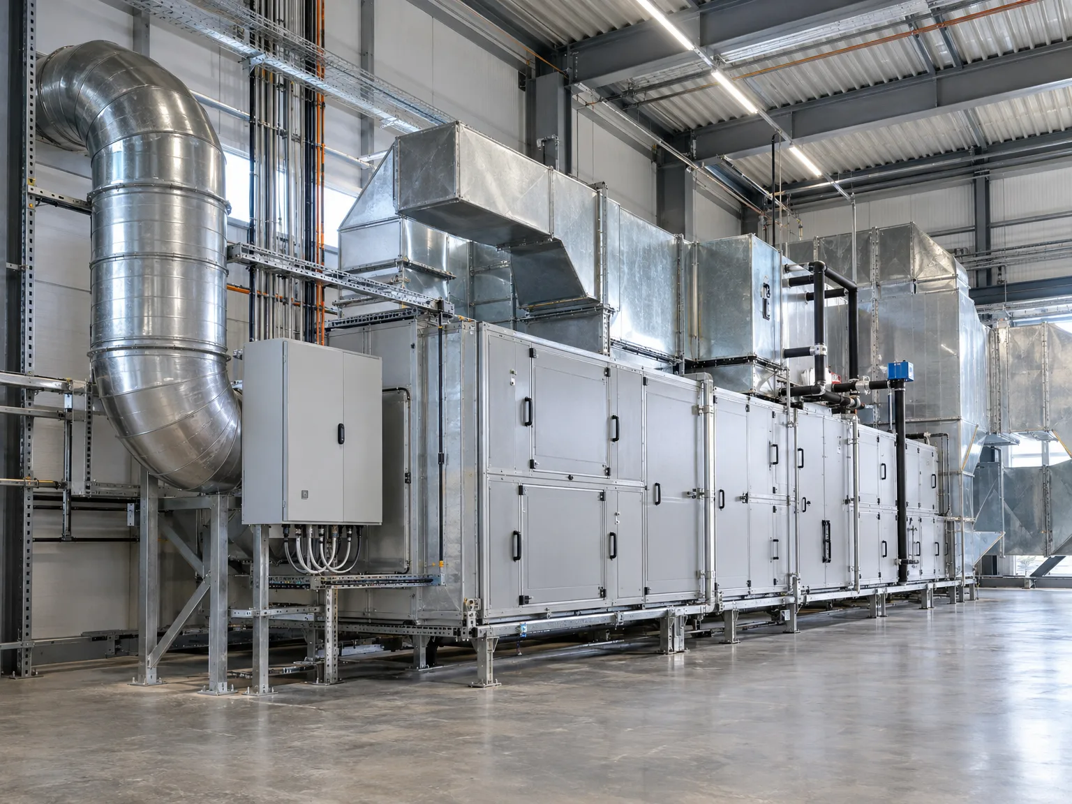 Montierte Filteranlage mit Gitterrinnen und Kabeltragsystemen in Industriehalle