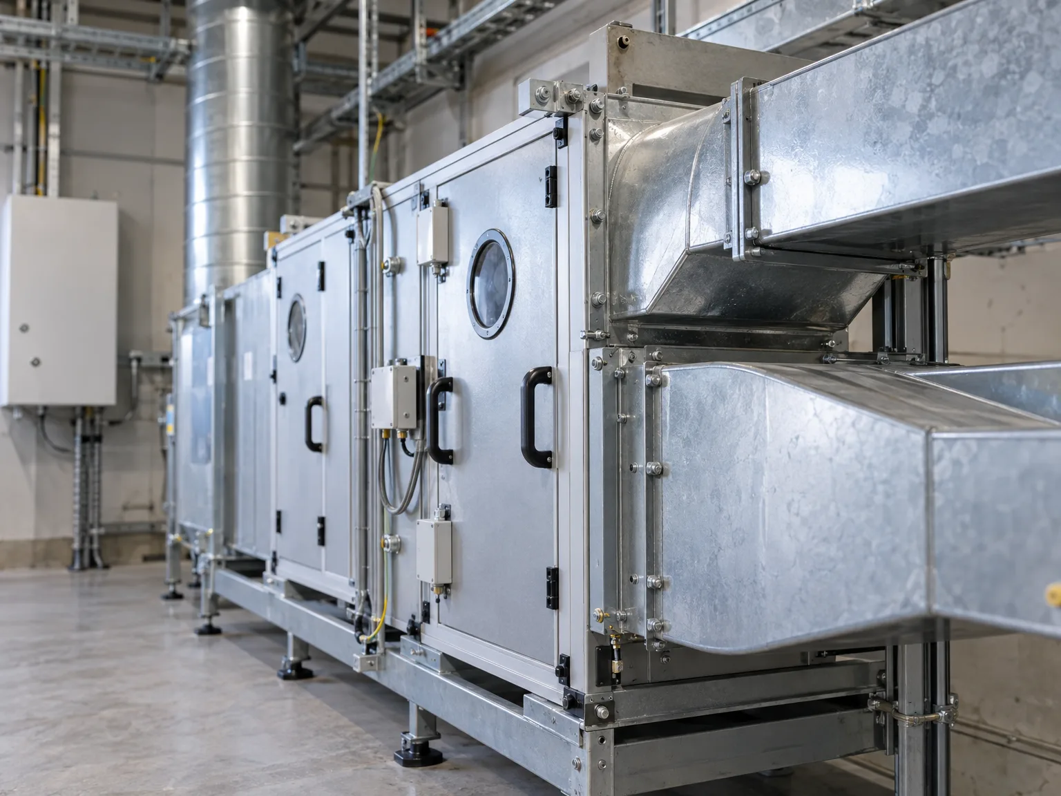 Große Industriemaschine mit weißen Panels und Metallkonstruktion in Produktionshalle installiert