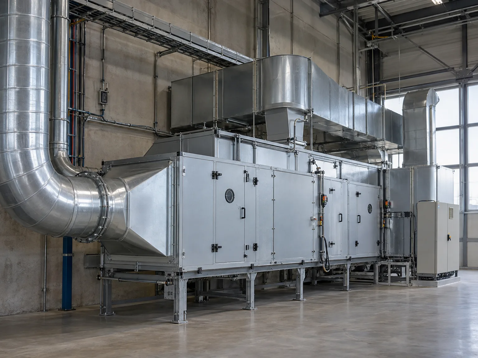 Montierte Filteranlage mit vertikalen und horizontalen Rohrleitungen aus Metall