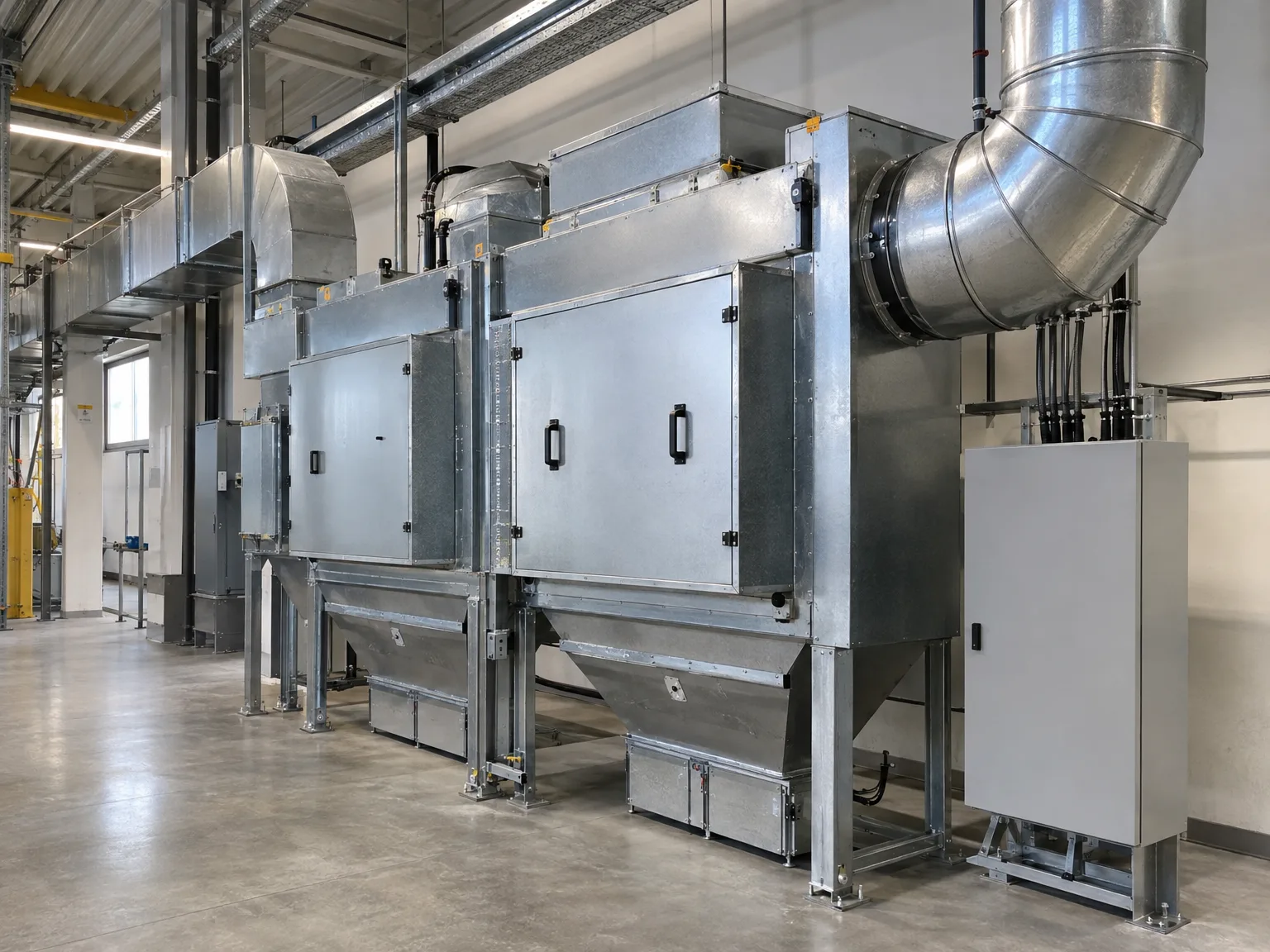 Montiertes Kanalsystem mit großen Stahlrohren und Aufhängung an Deckenträgern in Industriehalle