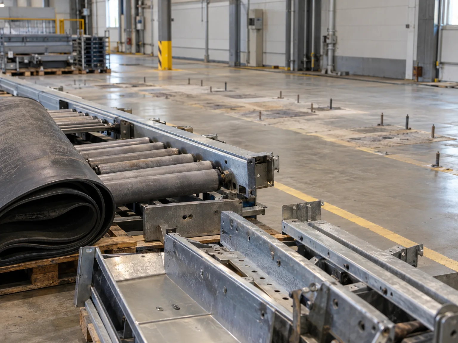 Montage von Kabeltrasse mit metallischen Tragschienen und Befestigungselementen in Industriehalle