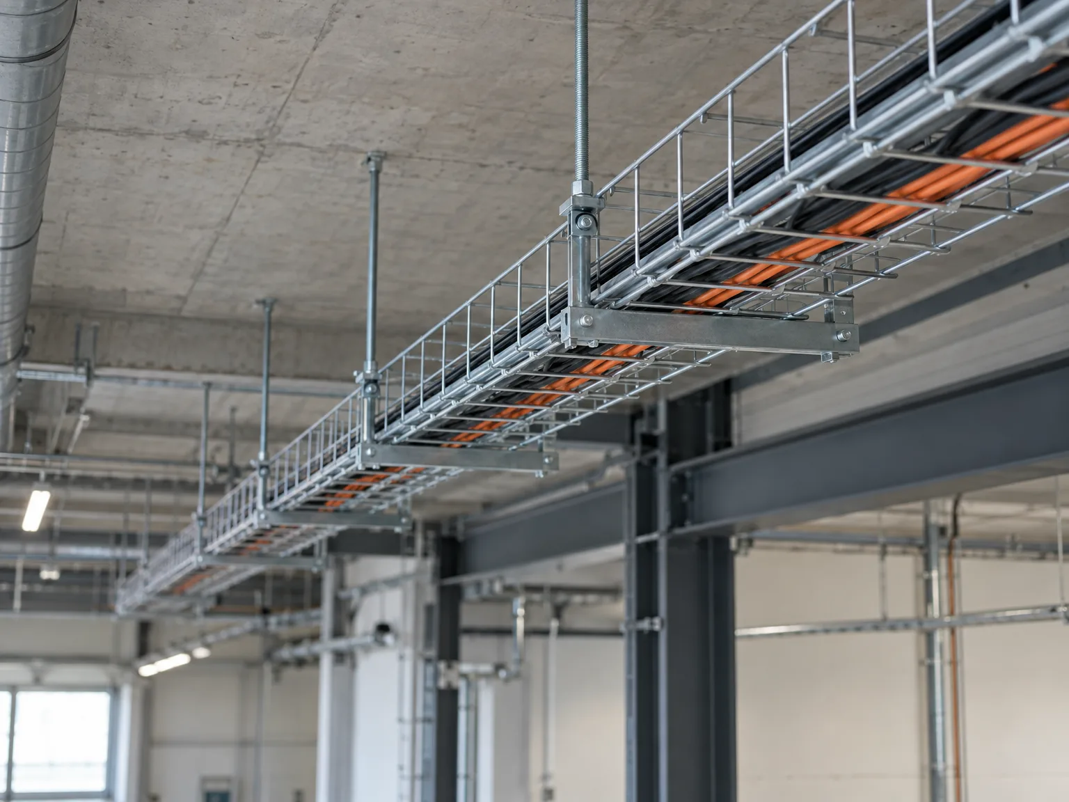 Gitterrinnen-Kabeltragsystem mit Stromkabeln montiert unter Betondecke in Industriehalle