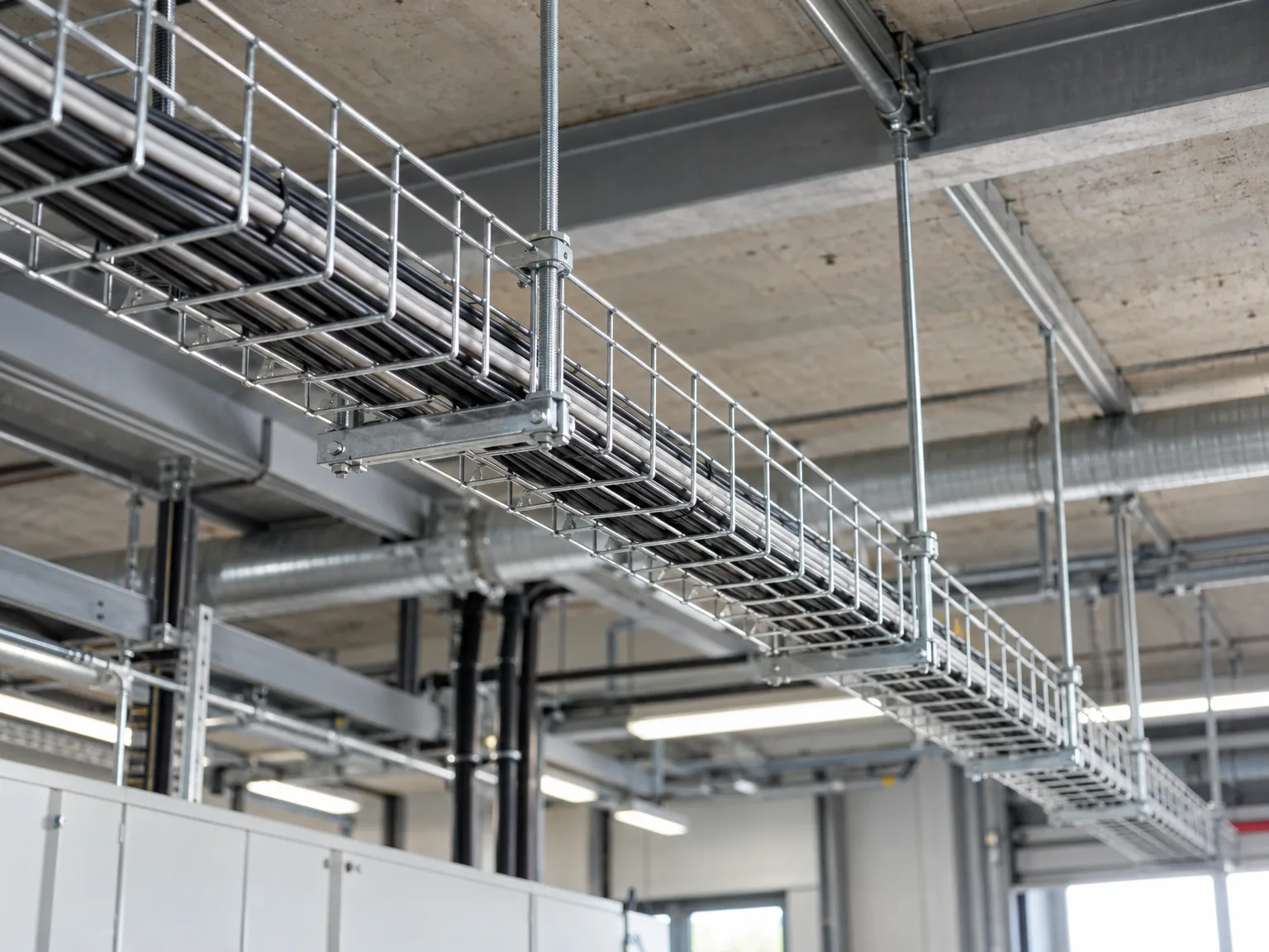 Gitterrinnen montiert an Stahldecke einer Industriehalle, Kabeltragsystem zur Kabelführung in Betriebsstätte