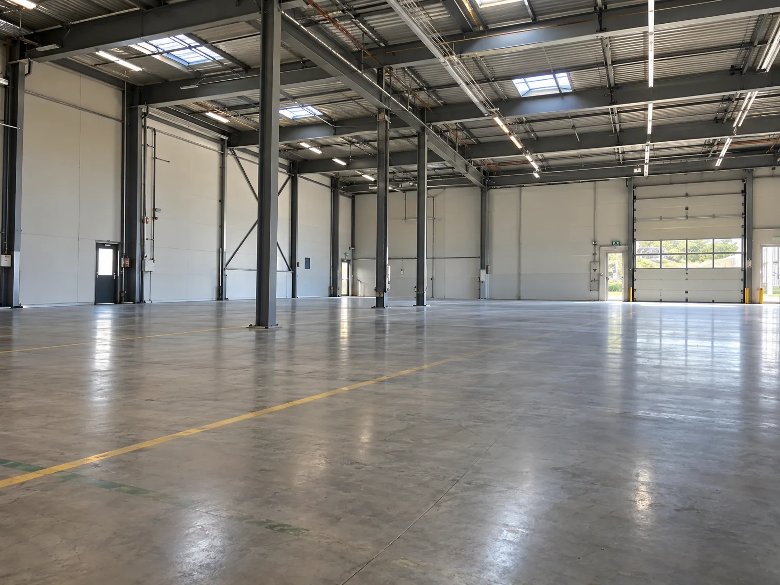 Saubere Industriehalle mit Betonboden, Stahlträgern, LED-Beleuchtung und Metalldach
