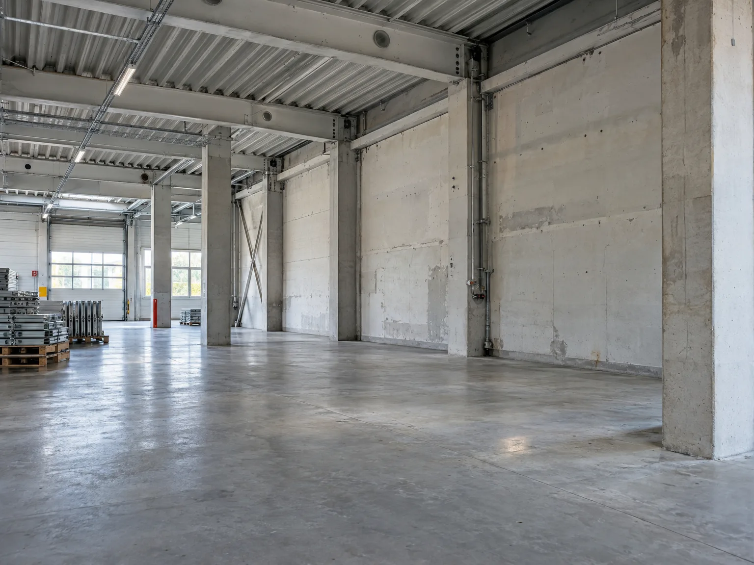 Industriehalle mit Betonboden und Stahlstützen zur Hallenräumung vorbereitet