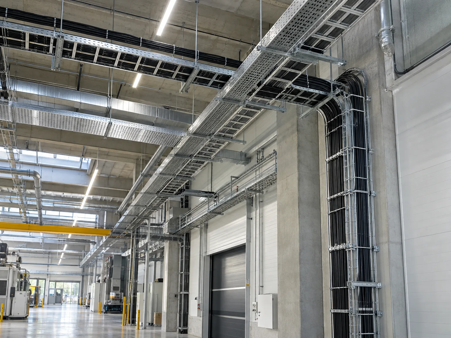Montierte Gitterrinnen und Kabeltrassen in moderner Industriehalle mit LED-Beleuchtung