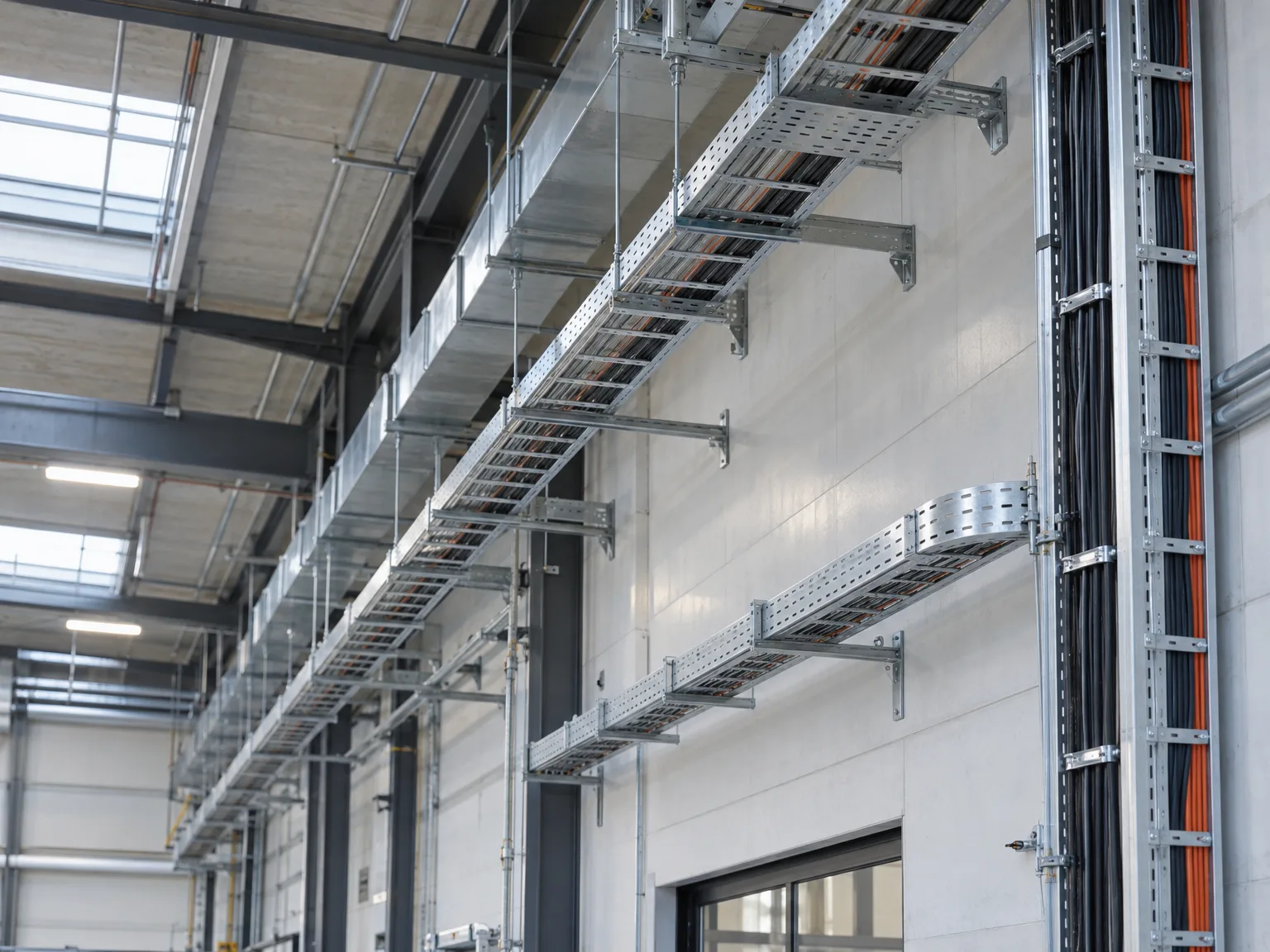 Montierte Gitterrinnen mit Kabelleitern zur Kabelverlegung in Industriehalle