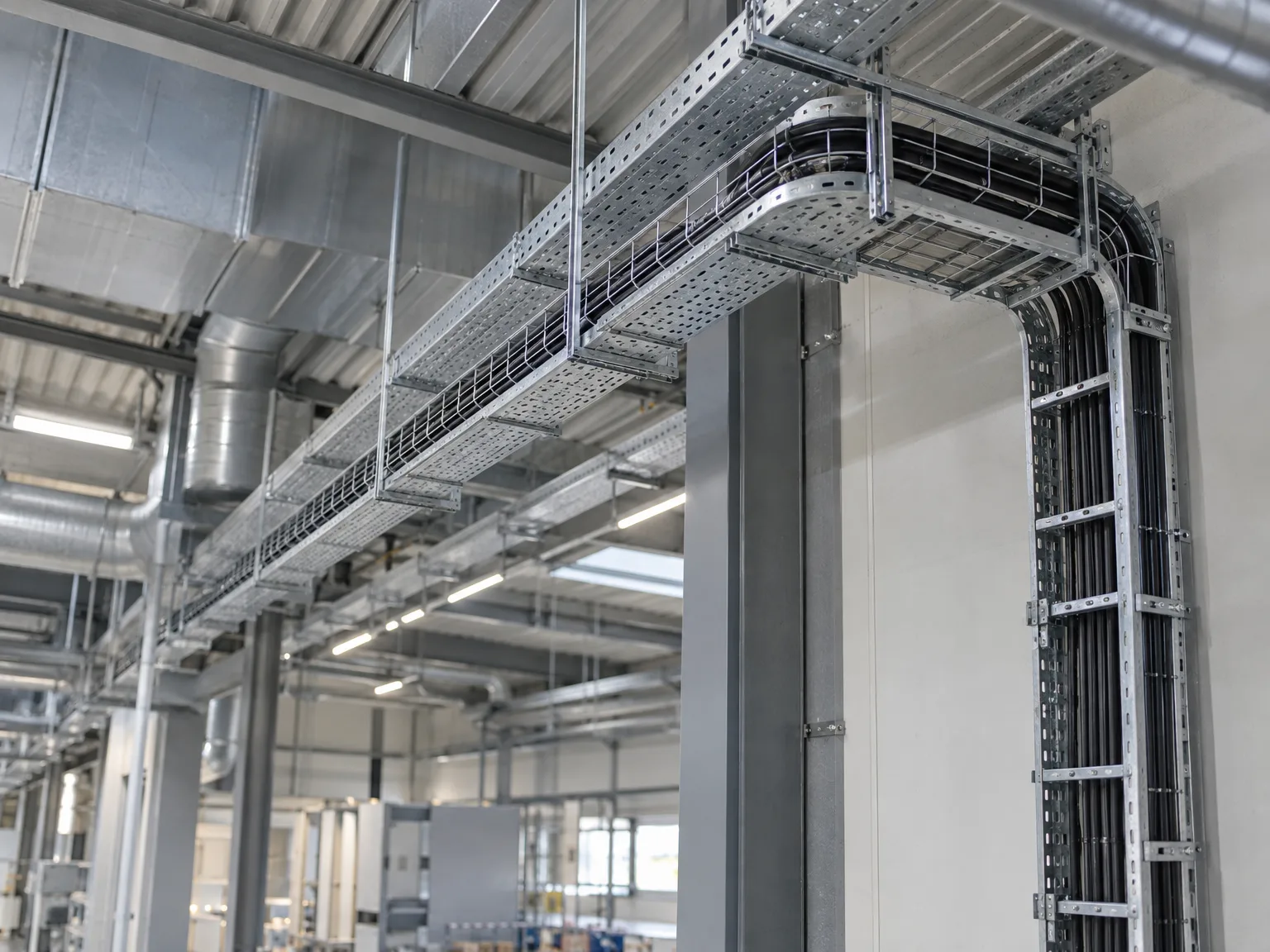 Professionell verlegtes Kabeltragsystem mit Gitterrinnen in Industriehalle montiert