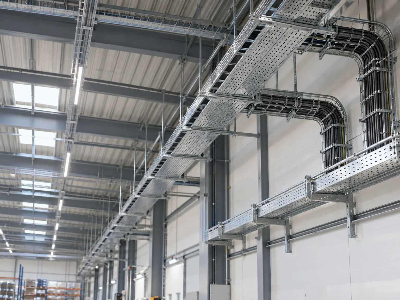 Montierte Gitterrinnen und Kabeltragsysteme in der Industriehalle