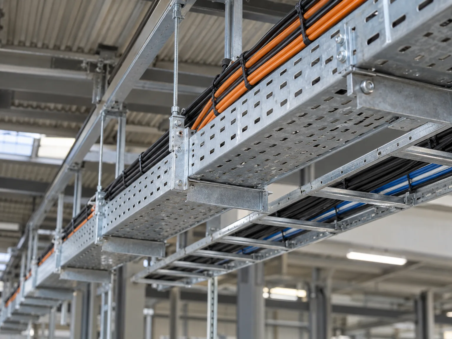 Montage von Gitterrinnen und Kabeltragsystemen in Industriehalle mit orangen und blauen Kabelbelägen