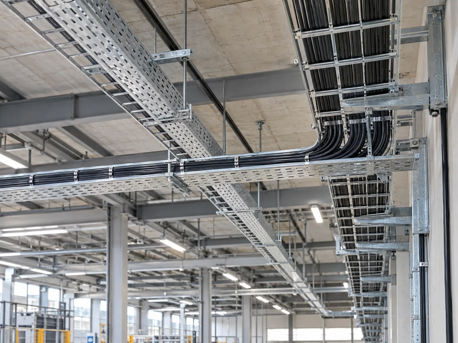 Gitterrinnen und Kabelrinnen mit verlegten Kabeln professionell montiert in Industriehalle