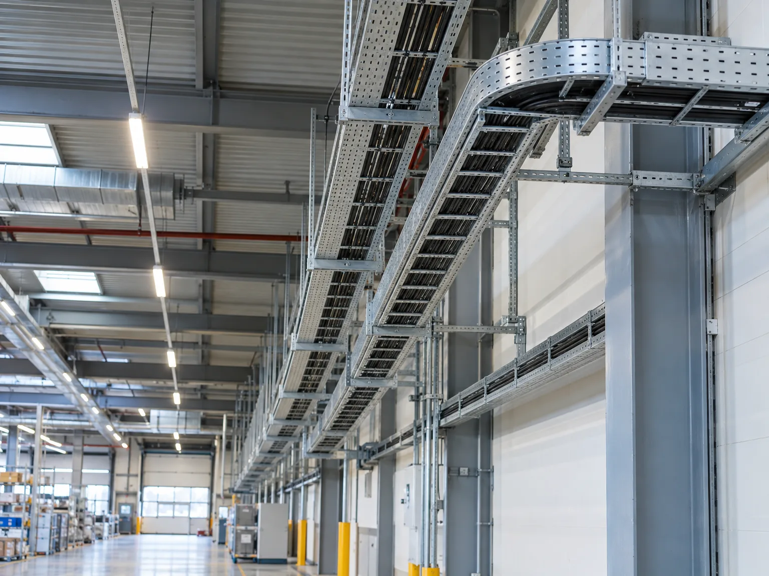 Industriehalle mit montiertem Gitterrinnensystem für Kabelführung und Elektroinstallationen unter der Decke