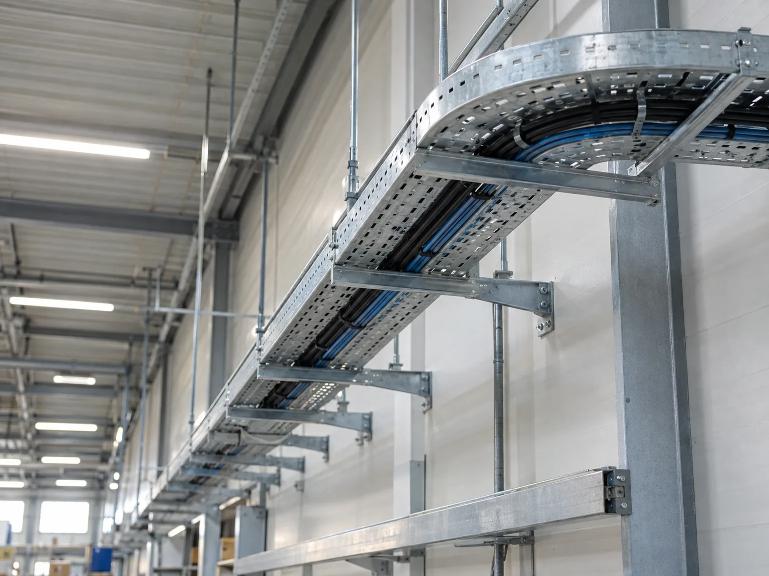 Professionell montierte Gitterrinnen mit verlegten blauen Kabeln in Industriehalle
