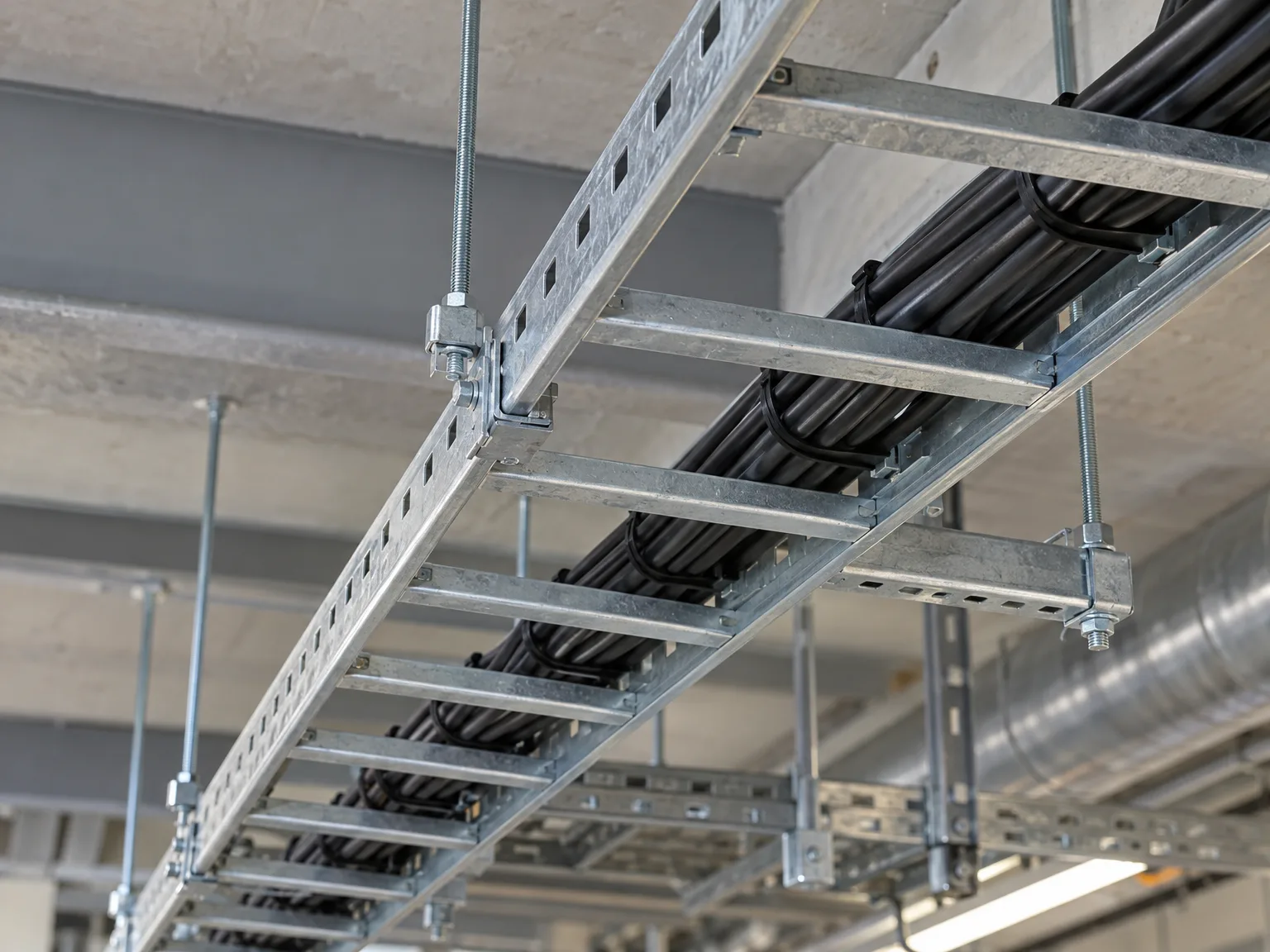 Gitterrinne mit schwarzen Elektrokabeln montiert an Stahlhaltern unter Hallendach
