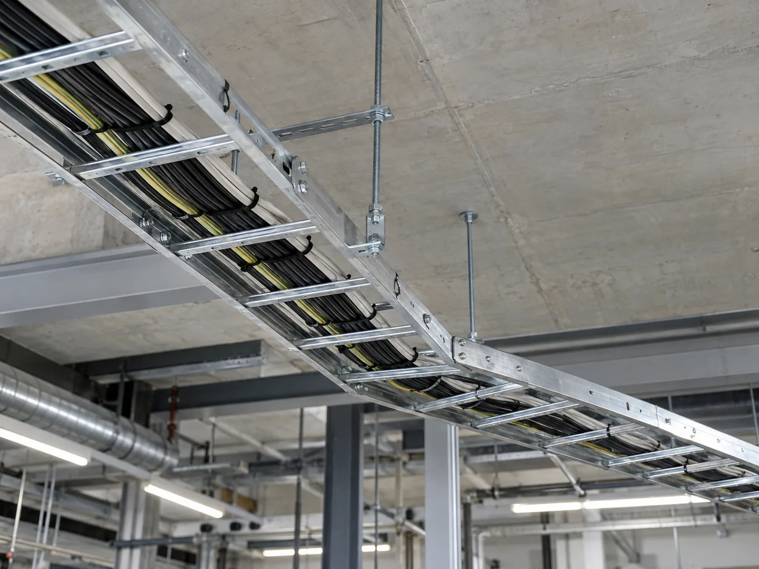 Installierte Gitterrinne mit schwarzen Kabeleinzügen und gelben Kabeln unter Betondecke, professionell montiert und befestigt