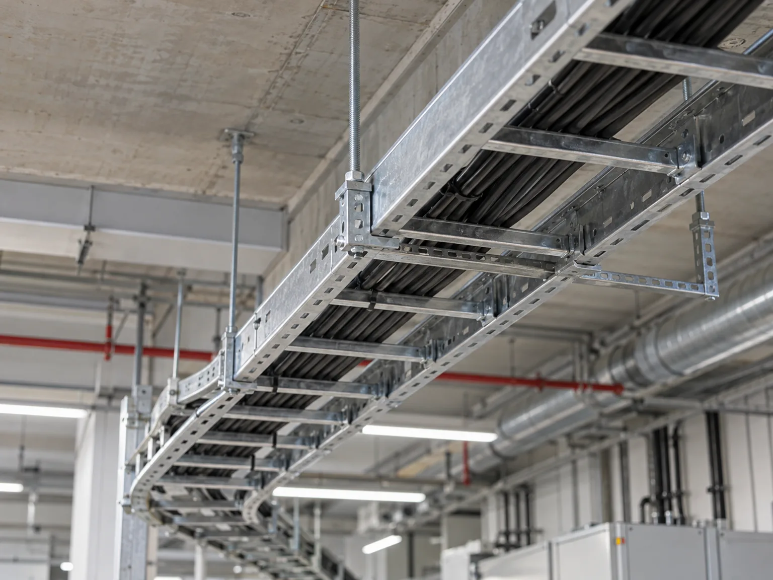 Montierte Gitterrinnen als Kabeltragsystem unter Betondecke mit Aufhängungssystem in Industriehalle