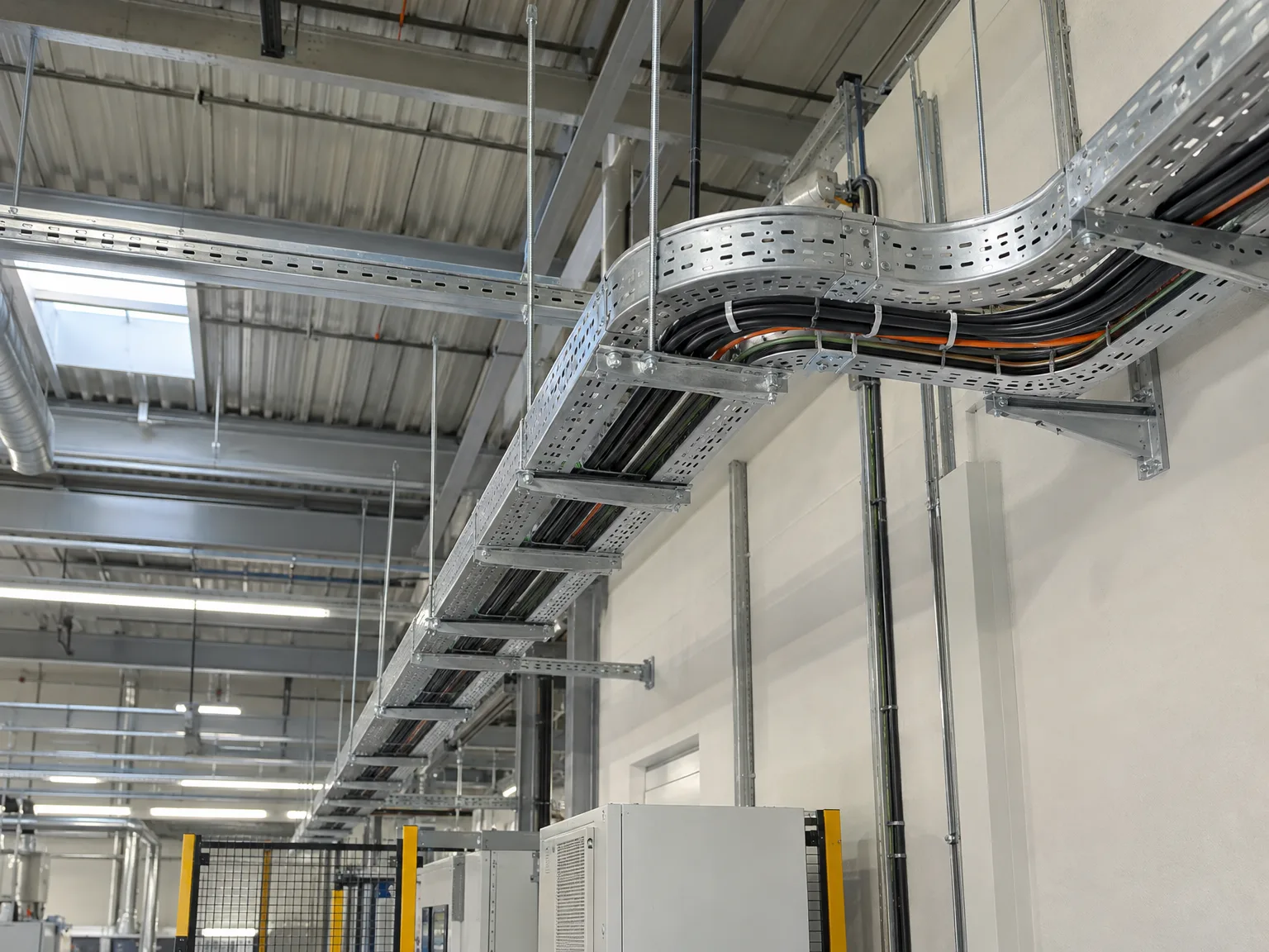 Montierte Kabeltragsysteme mit Kabelrinnen, Gitterrinnen und verlegten Kabeln