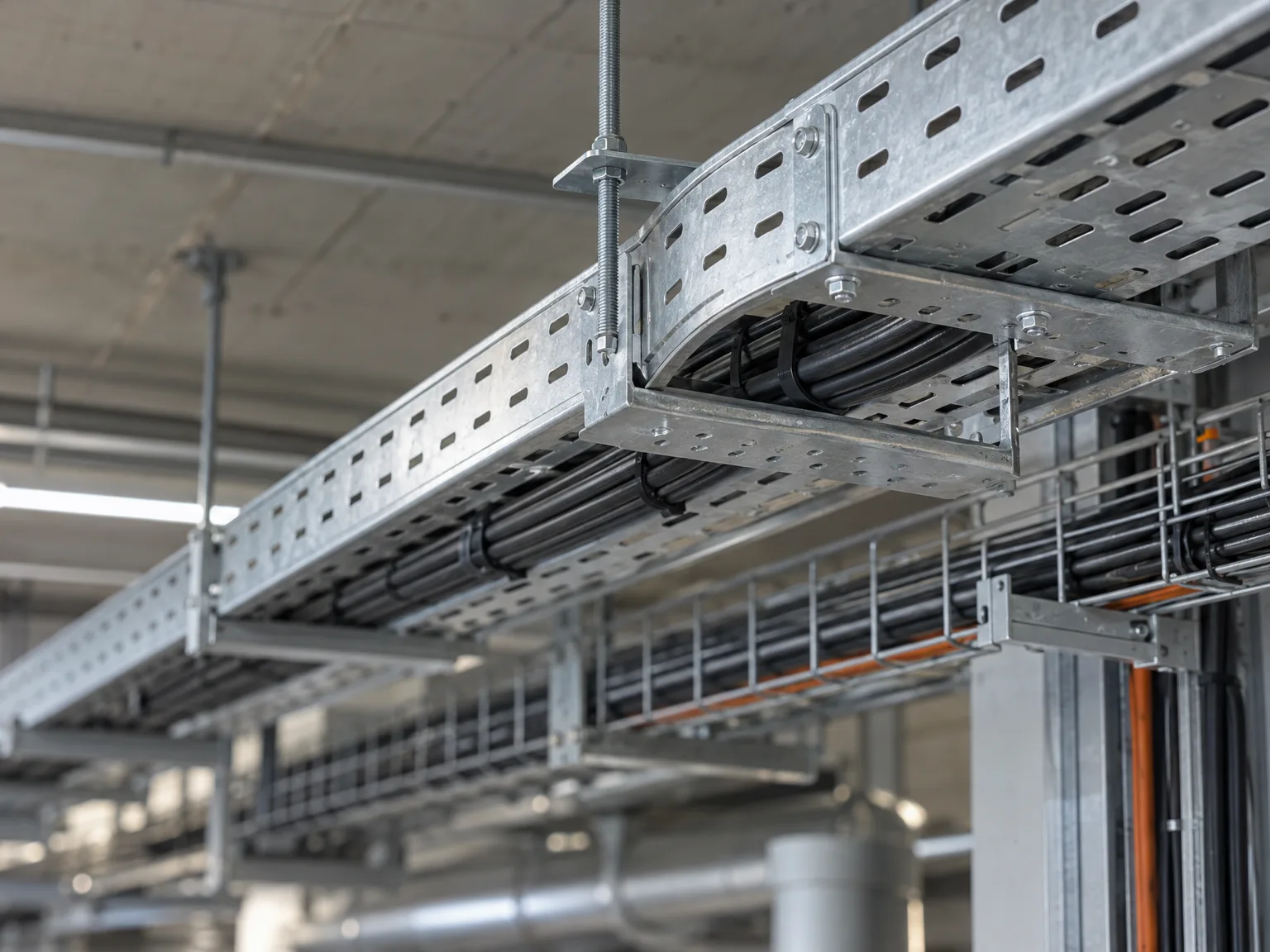 Gitterrinnen mit verlegten Elektrokabeln unter der Hallendecke montiert