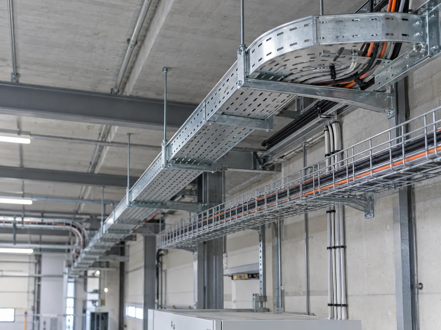 Kabeltragsysteme mit Gitterrinnen und verlegten orange Kabeln in Industriehalle