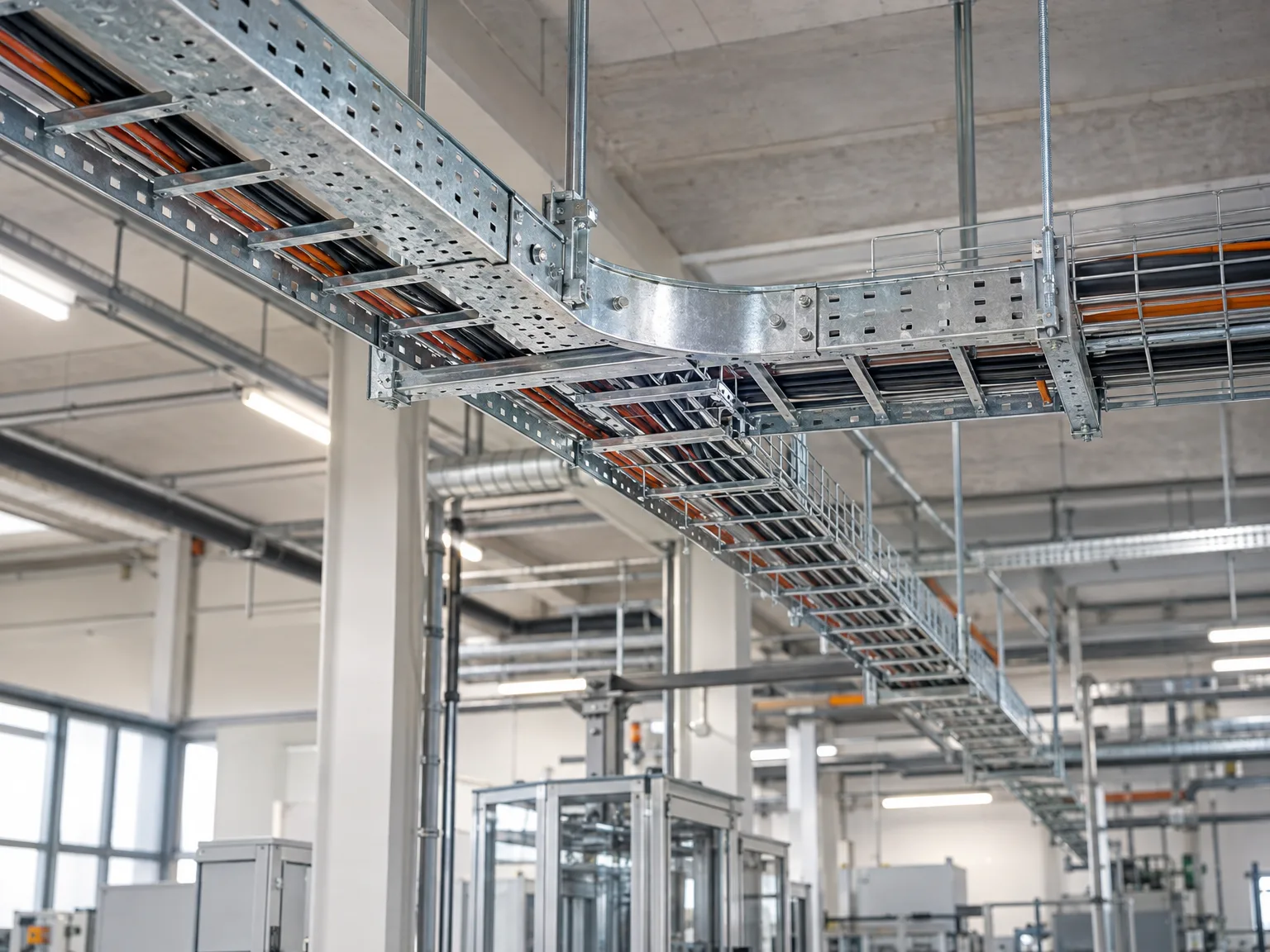 Montage von Gitterrinnen und Kabelrinnen mit Kabelverlegung in Industriehalle