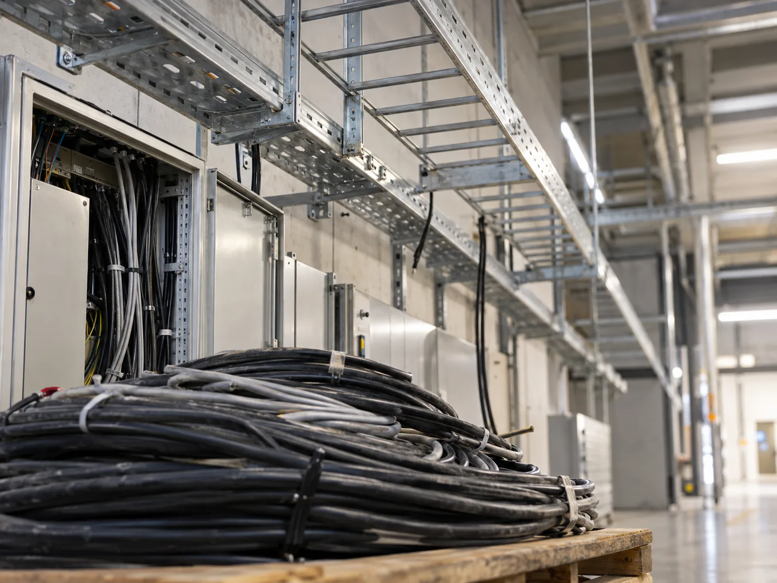 Schwarze Stromkabel zur Verlegung in Gitterrinnen-Kabeltrasse bereit