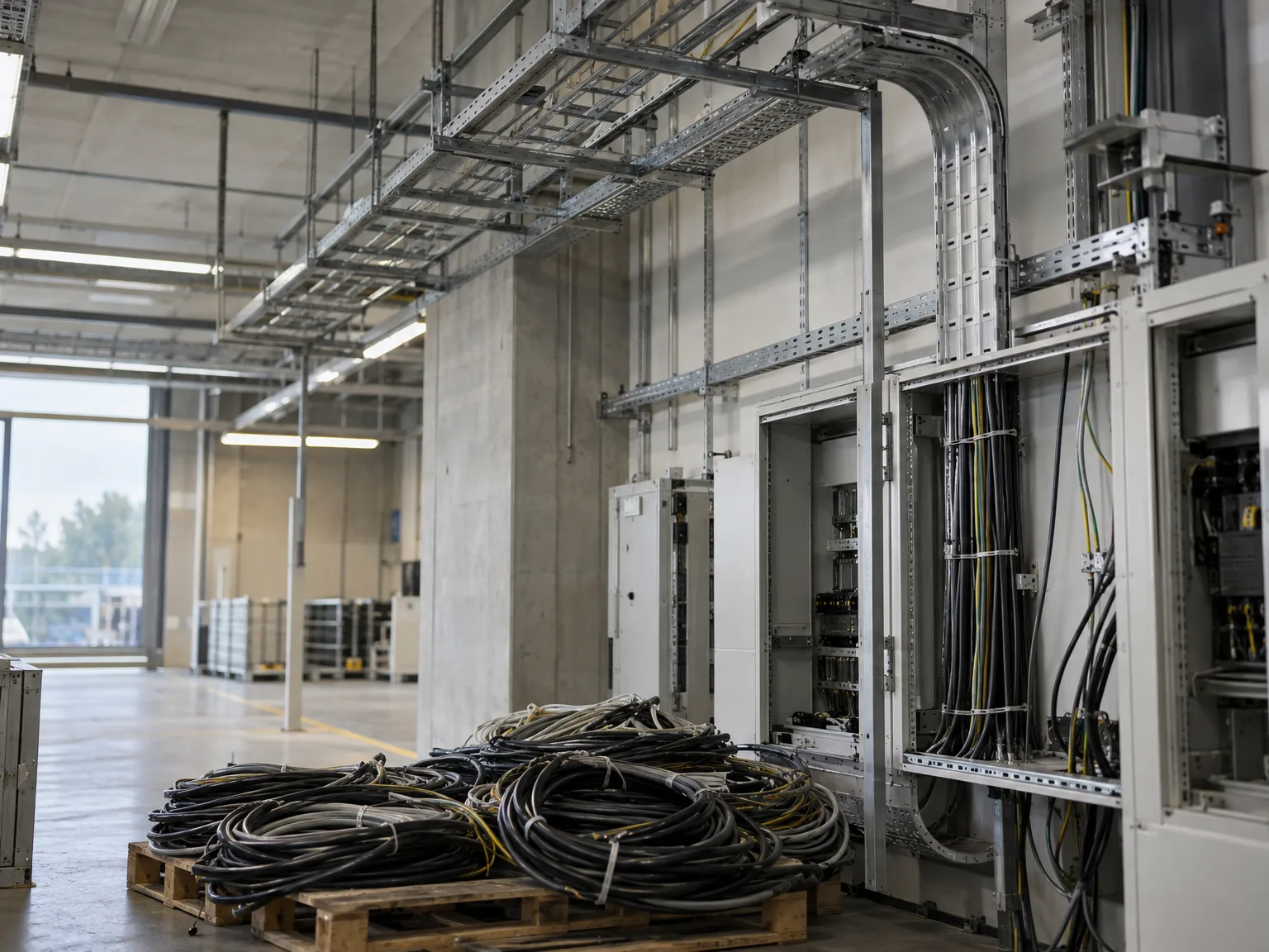 Kabeltragsysteme Installation mit Gitterrinnen und Kabelverlegung in Industrie-Halle
