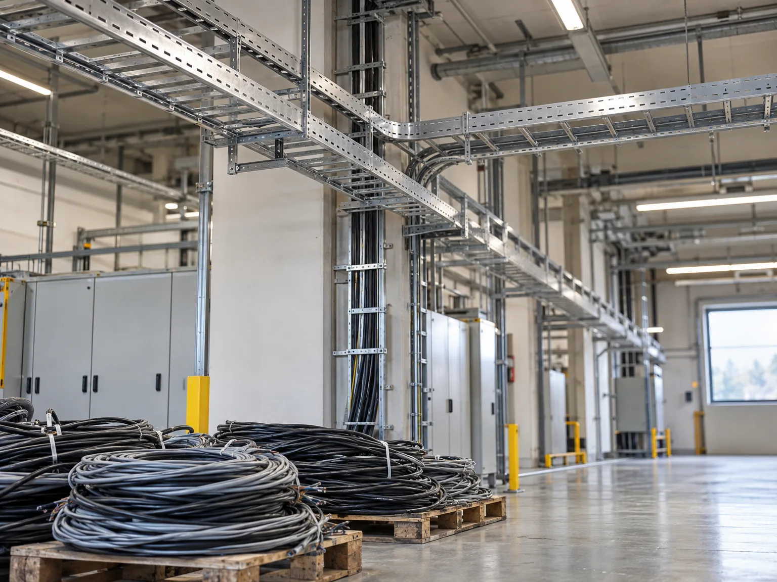 Kabelverlegung: schwarze Elektrokabel auf Paletten mit montiertem Kabeltragsystem