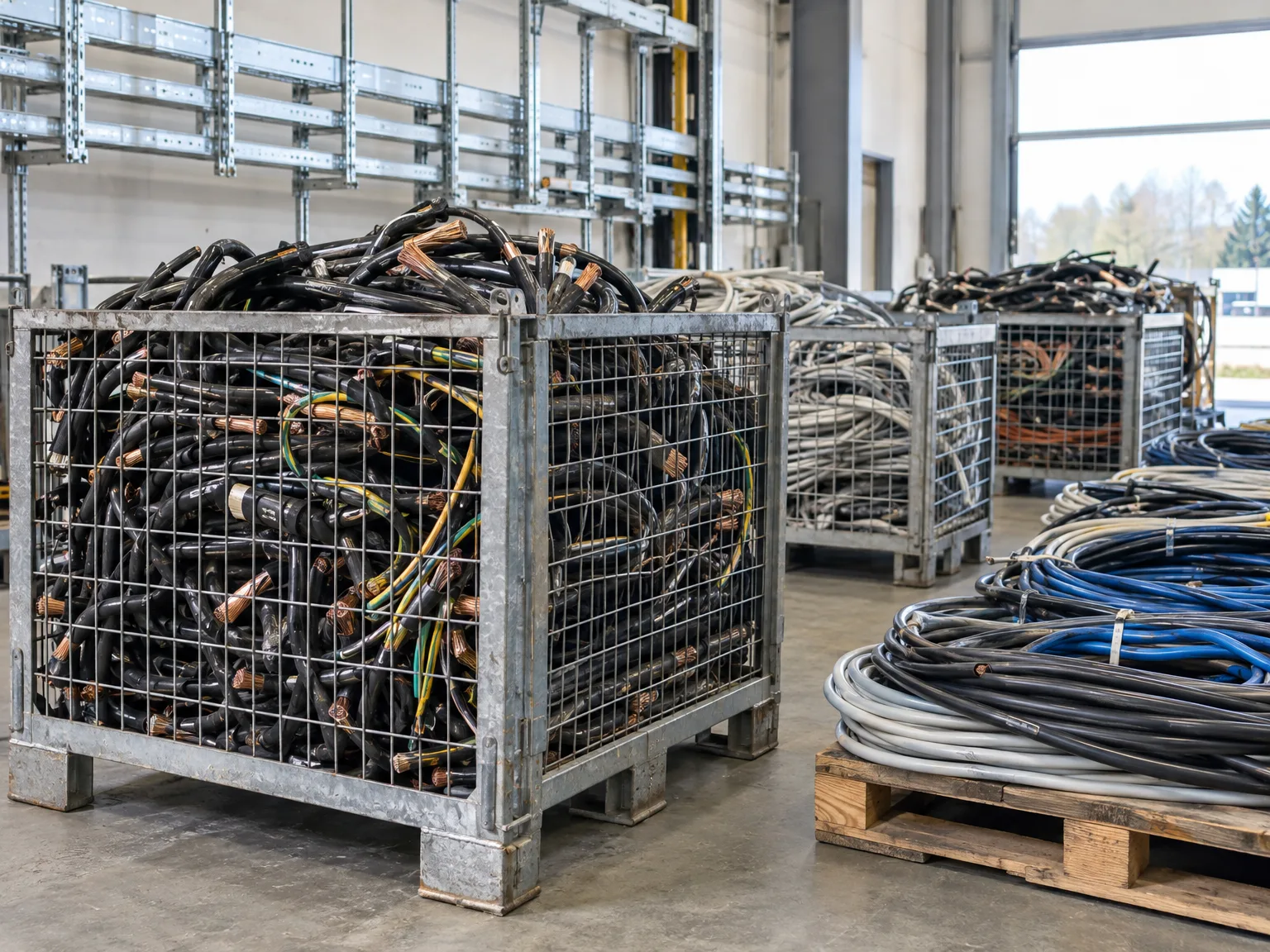 Stahlbehälter mit demontierten schwarzen und gelben Industriekabeln zur fachgerechten Entsorgung