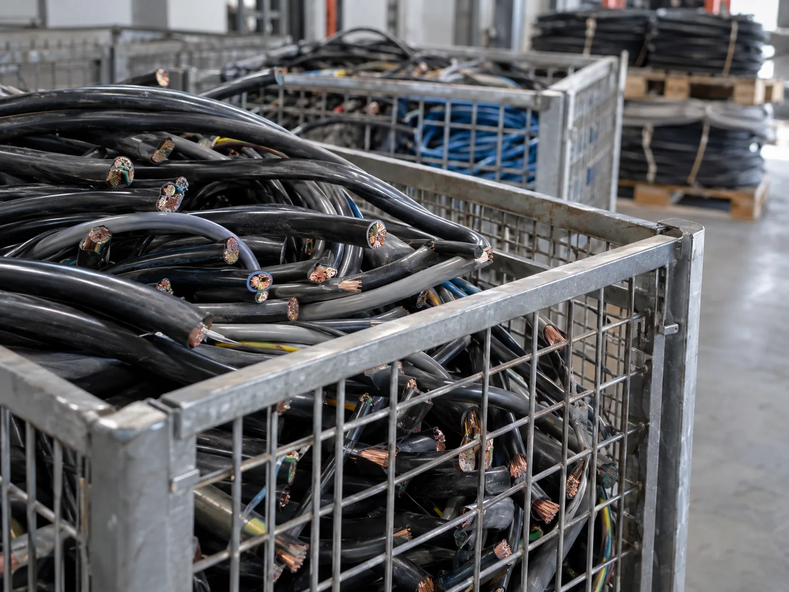 Sortierte schwarze Altkabel in Metallkörben zur Kabelrückbau und Entsorgung