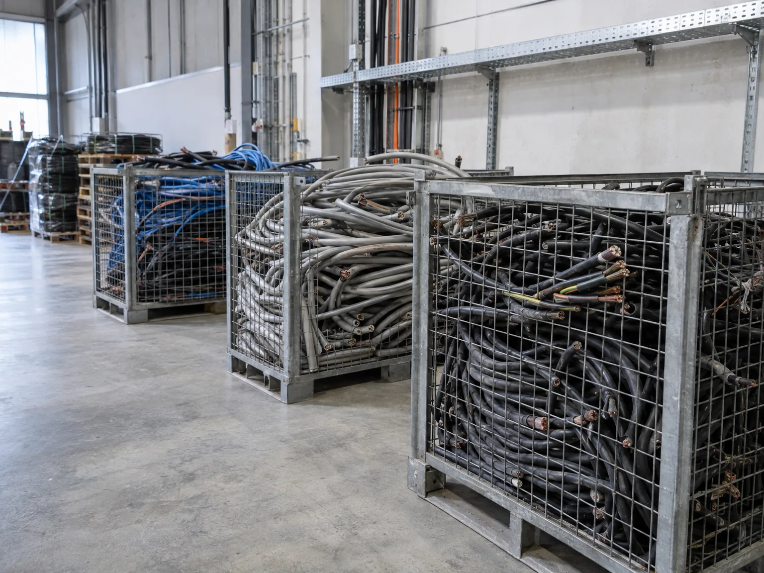 Metallkonteiner mit sortierten Elektrokabeln in Industriehalle zur Kabelentsorgung