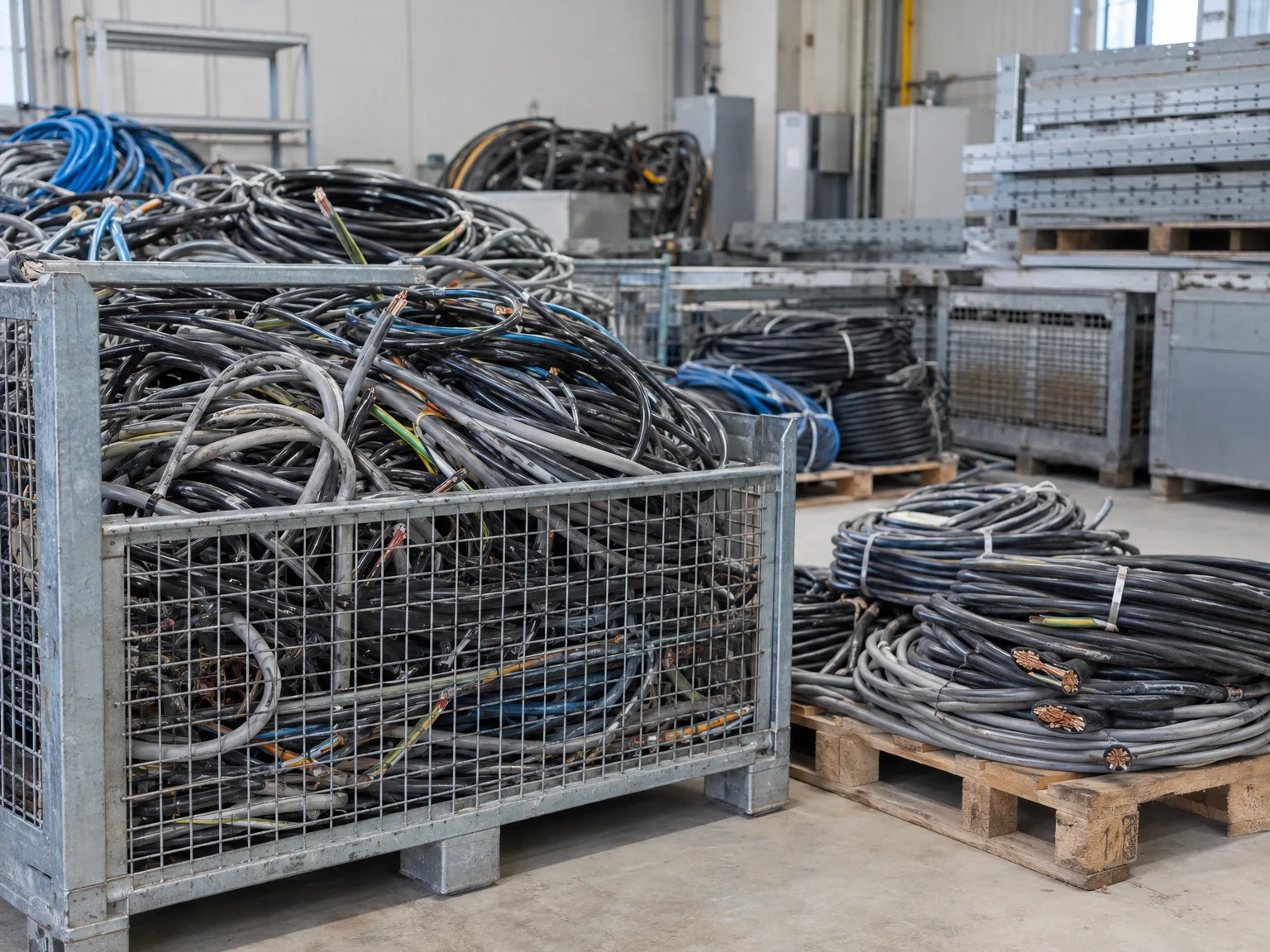 Demontierte Altkabel in Sammelcontainern zur fachgerechten Entsorgung und Kabelrecycling